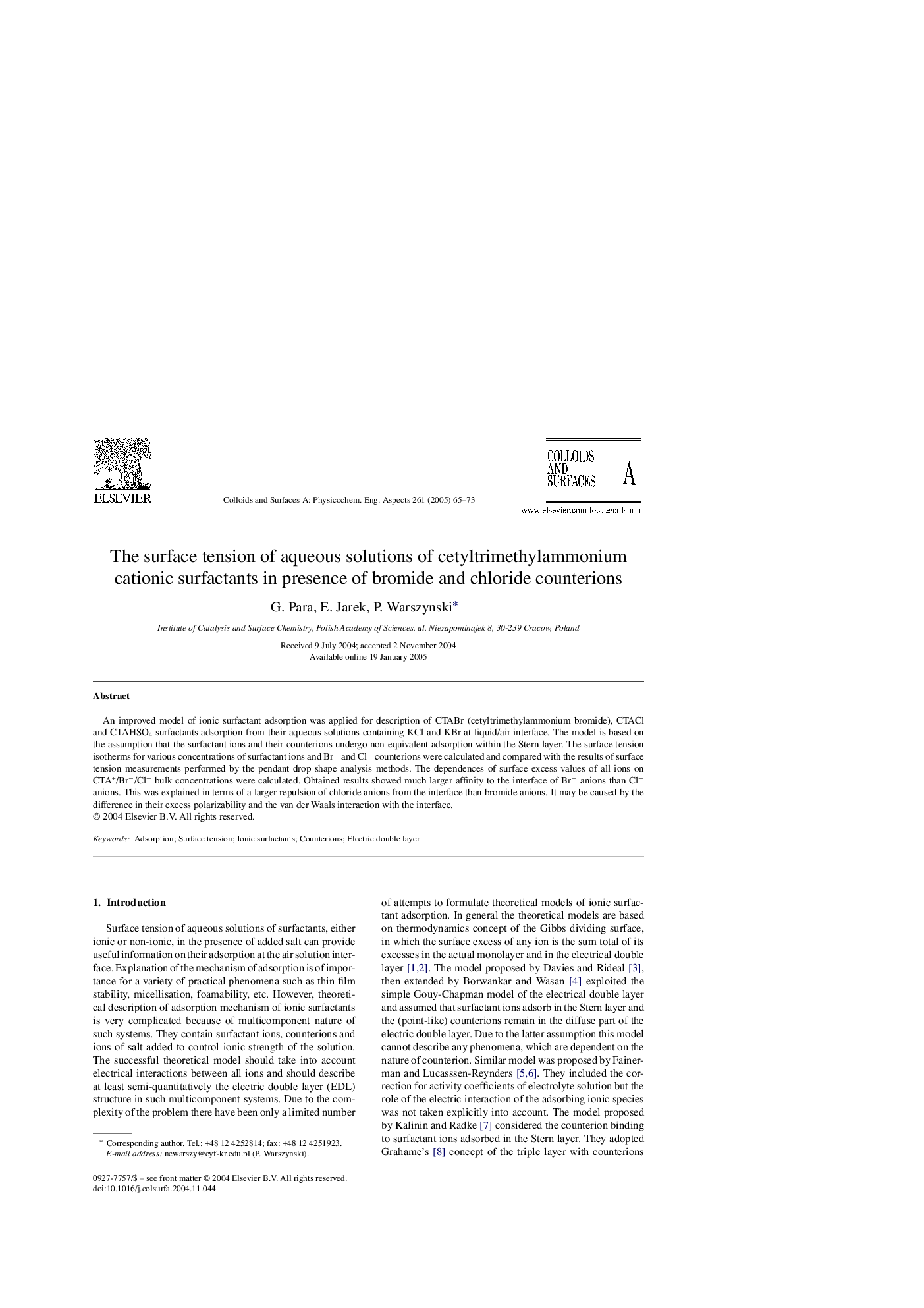 The surface tension of aqueous solutions of cetyltrimethylammonium cationic surfactants in presence of bromide and chloride counterions