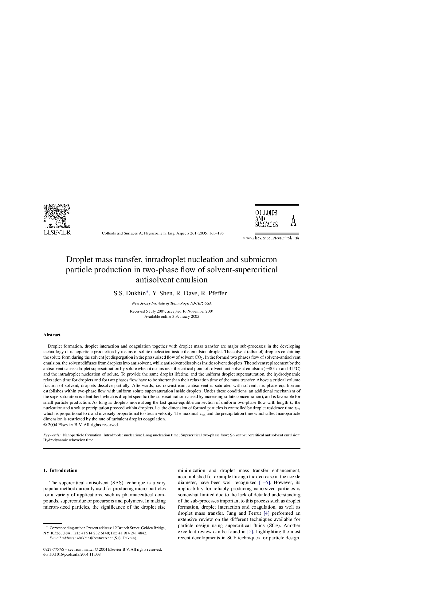 Droplet mass transfer, intradroplet nucleation and submicron particle production in two-phase flow of solvent-supercritical antisolvent emulsion