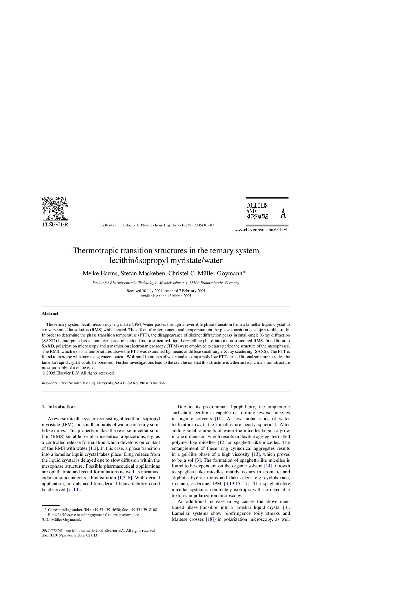 Thermotropic transition structures in the ternary system lecithin/isopropyl myristate/water