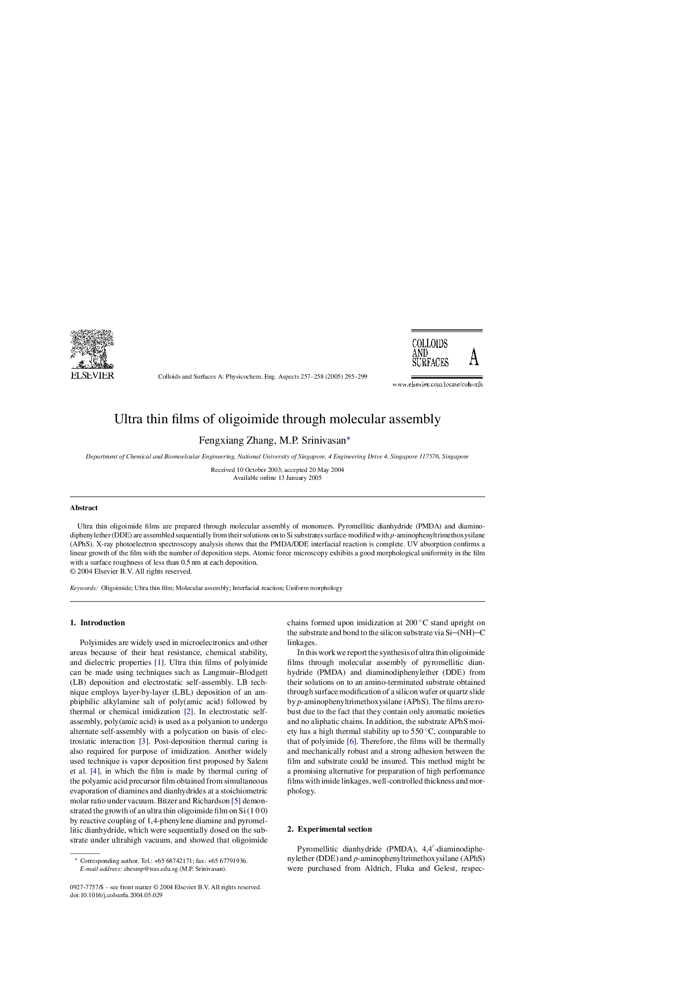 Ultra thin films of oligoimide through molecular assembly