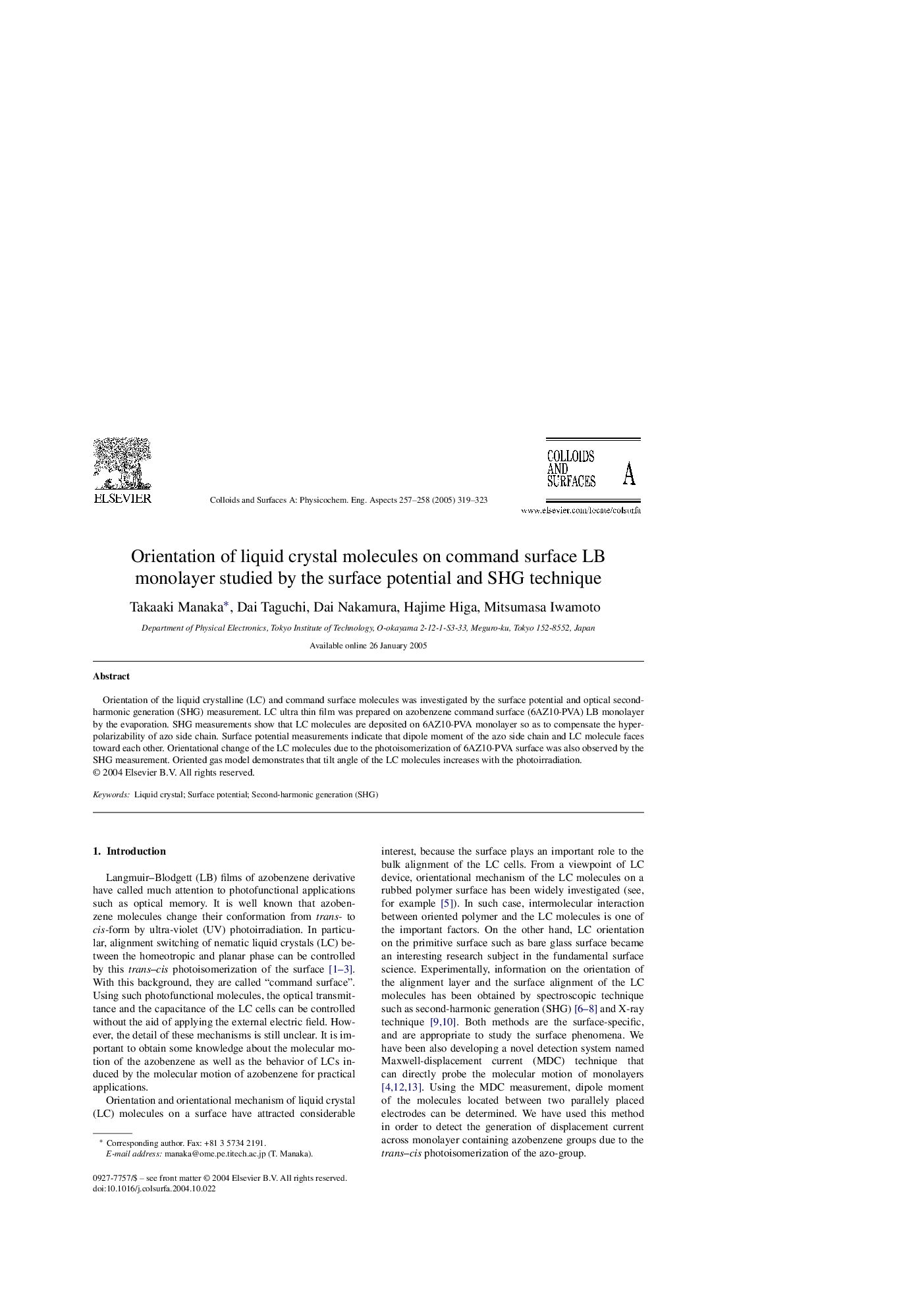 Orientation of liquid crystal molecules on command surface LB monolayer studied by the surface potential and SHG technique