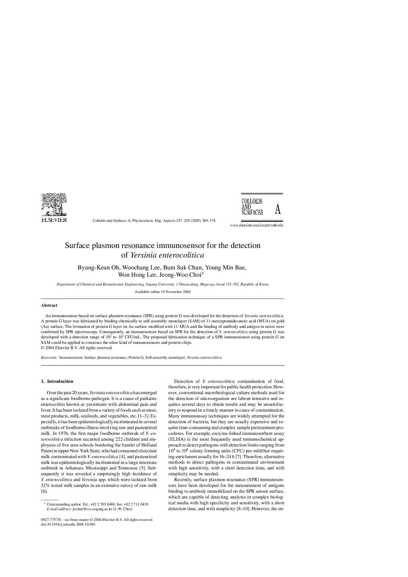 عکس صفحه اول مقاله: Surface plasmon resonance immunosensor for the detection of Yersinia enterocolitica Surface plasmon resonance immunosensor for the detection of Yersinia enterocolitica