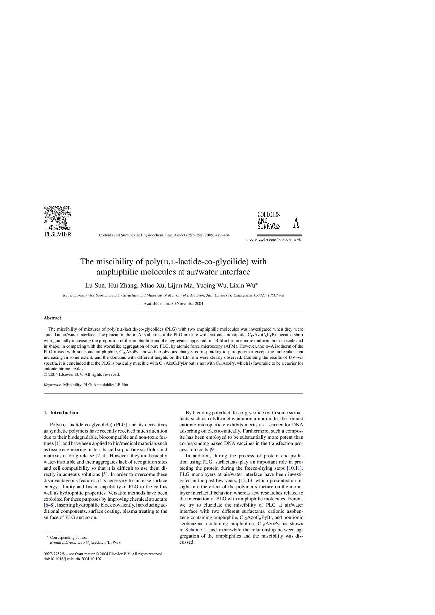 The miscibility of poly(d,l-lactide-co-glycilide) with amphiphilic molecules at air/water interface