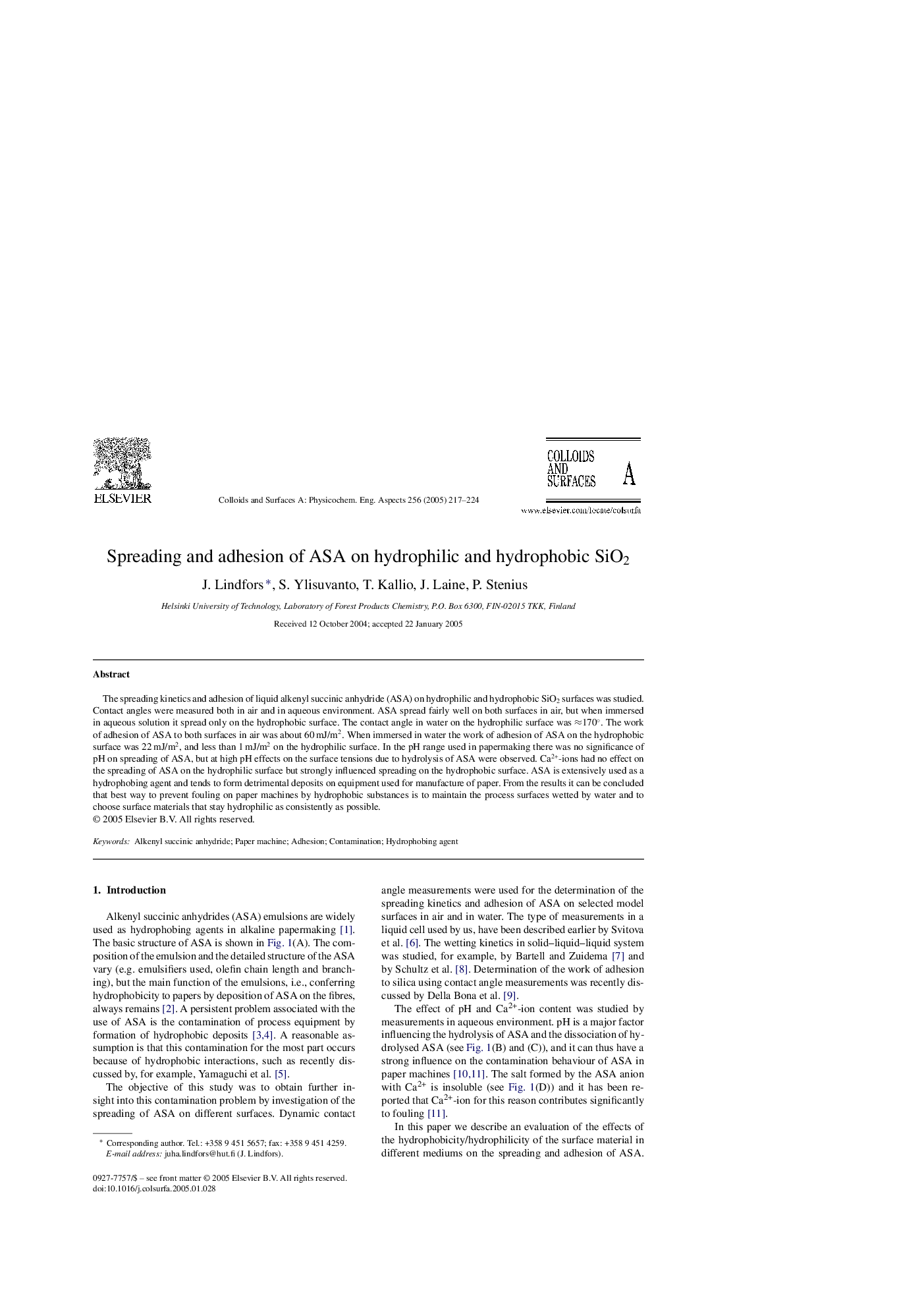 Spreading and adhesion of ASA on hydrophilic and hydrophobic SiO2