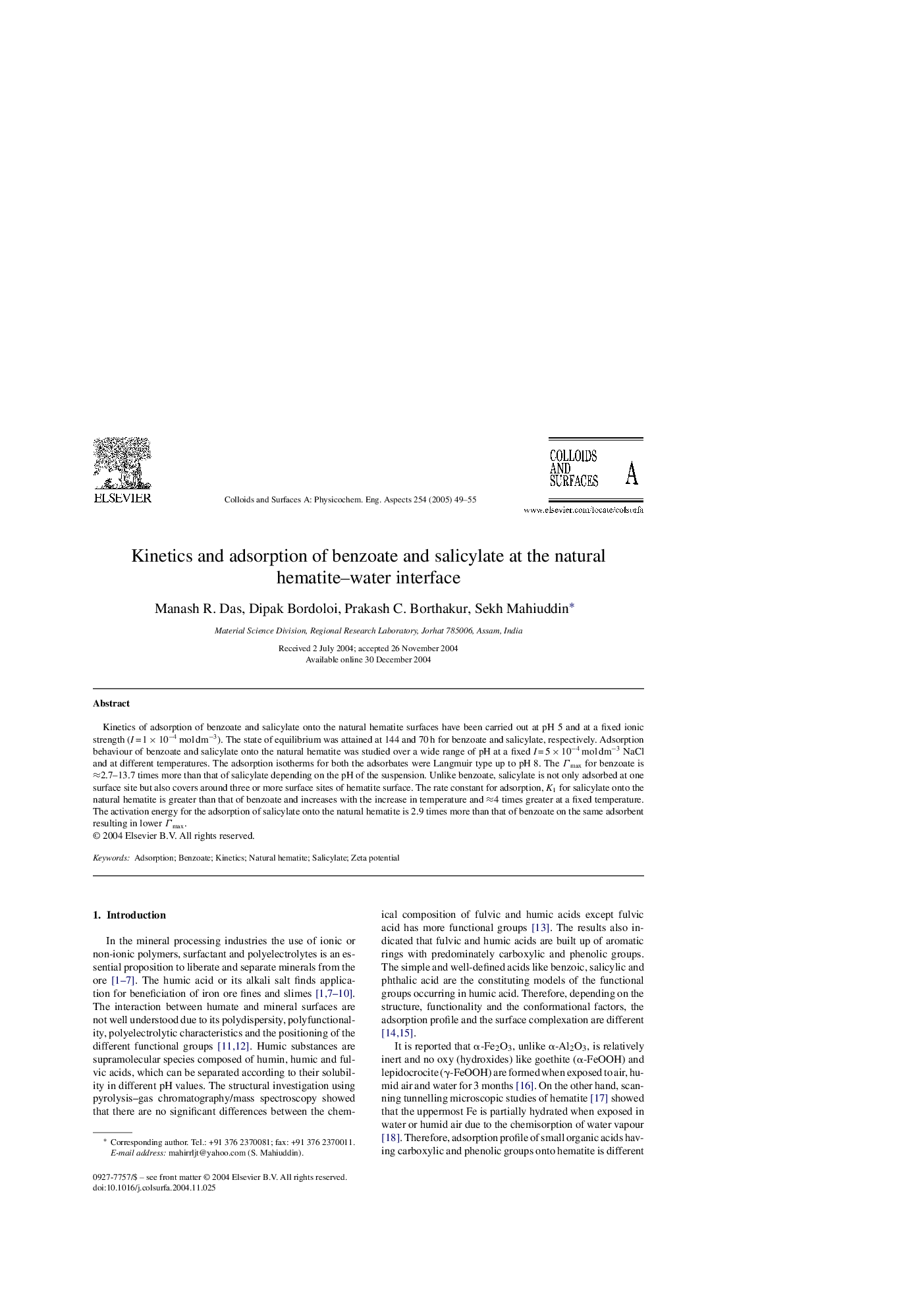 Kinetics and adsorption of benzoate and salicylate at the natural hematite-water interface