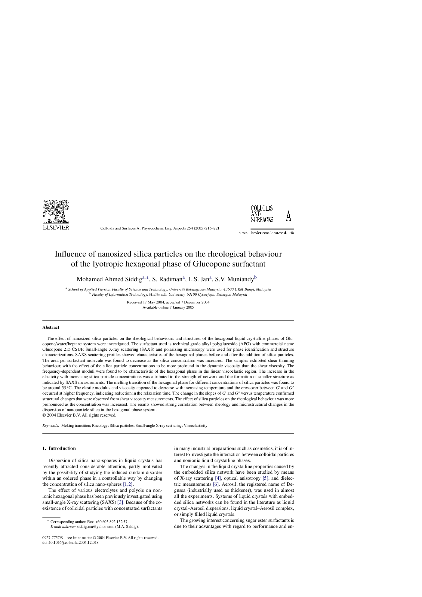 Influence of nanosized silica particles on the rheological behaviour of the lyotropic hexagonal phase of Glucopone surfactant