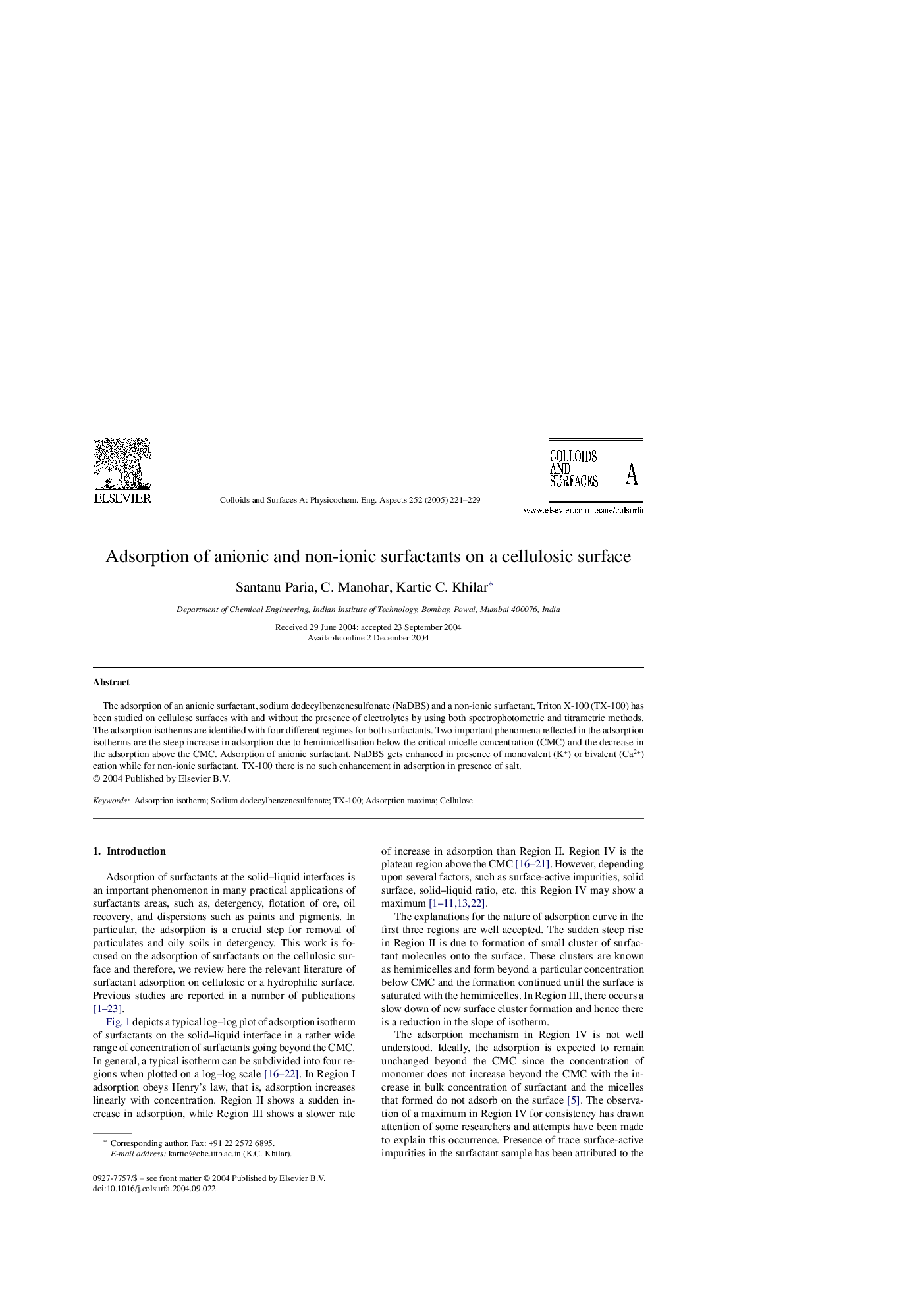 Adsorption of anionic and non-ionic surfactants on a cellulosic surface