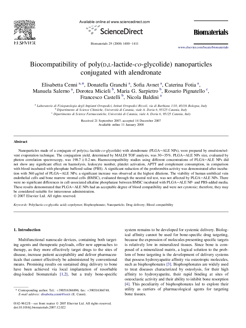 Biocompatibility of poly(d,l-lactide-co-glycolide) nanoparticles conjugated with alendronate