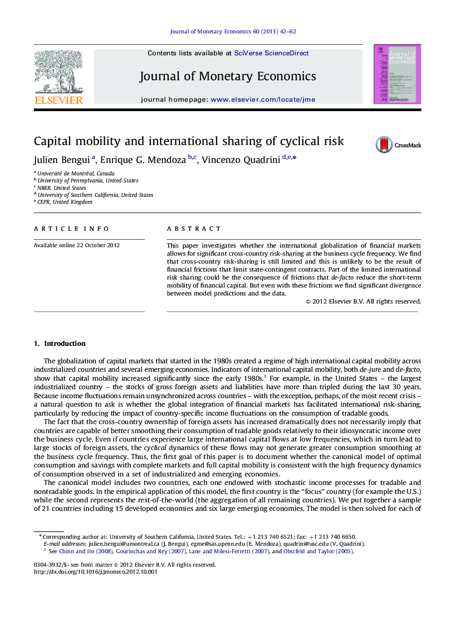 Capital mobility and international sharing of cyclical risk