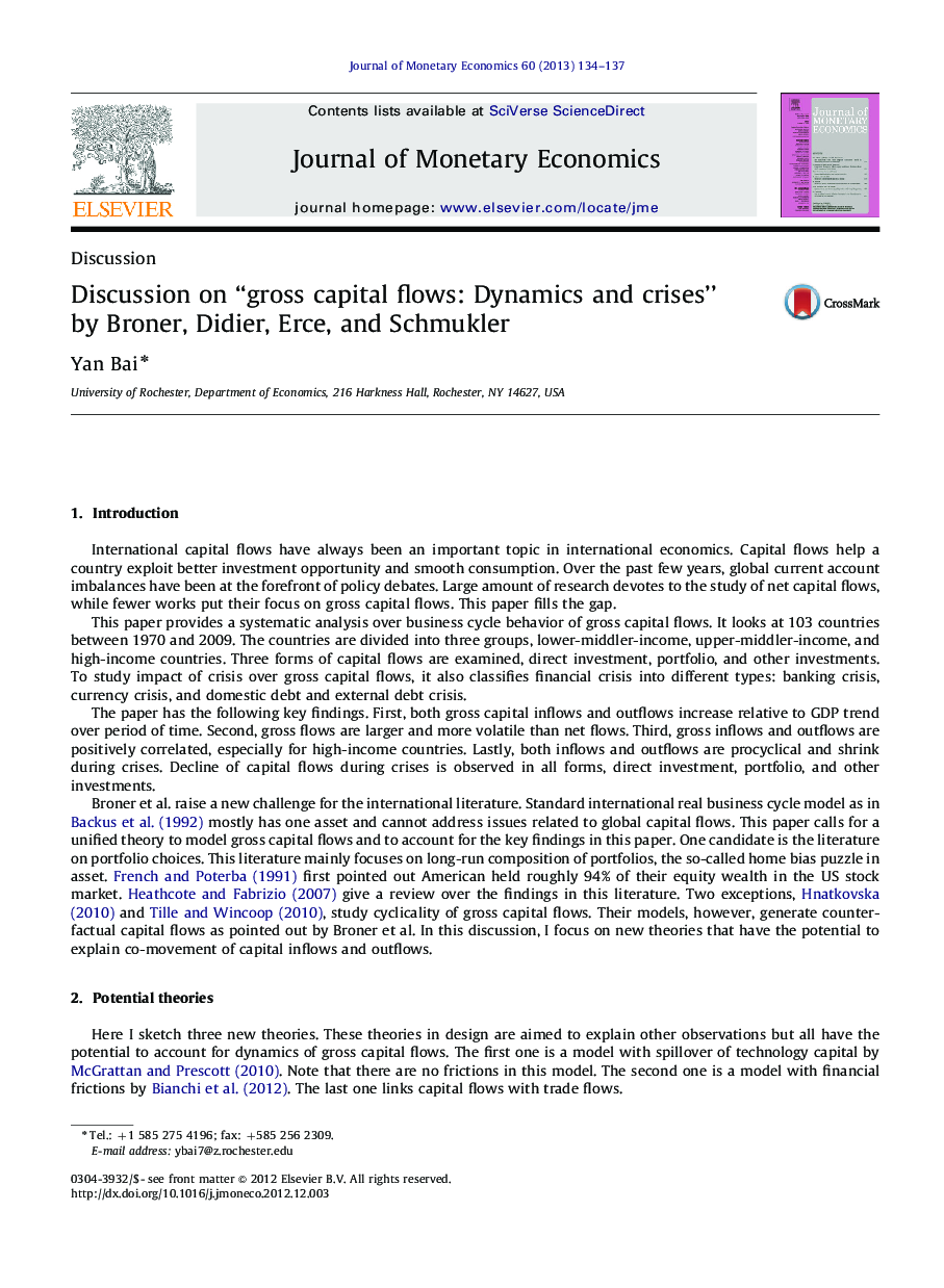 Discussion on “gross capital flows: Dynamics and crises” by Broner, Didier, Erce, and Schmukler