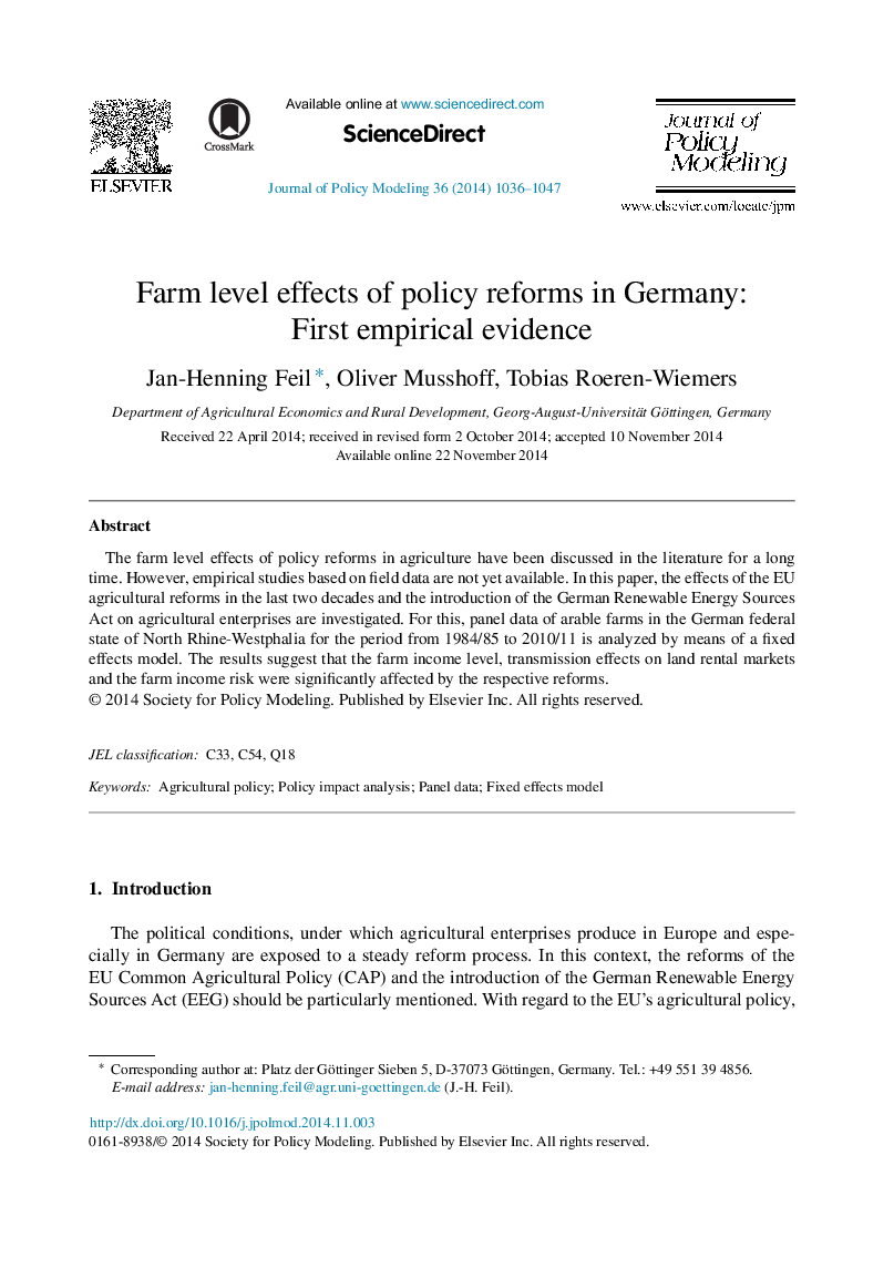 Farm level effects of policy reforms in Germany: First empirical evidence