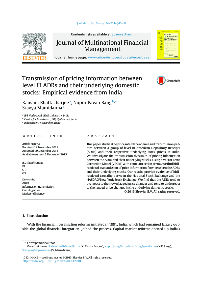 Transmission of pricing information between level III ADRs and their underlying domestic stocks: Empirical evidence from India