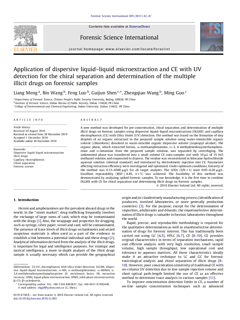 Application of dispersive liquid–liquid microextraction and CE with UV detection for the chiral separation and determination of the multiple illicit drugs on forensic samples