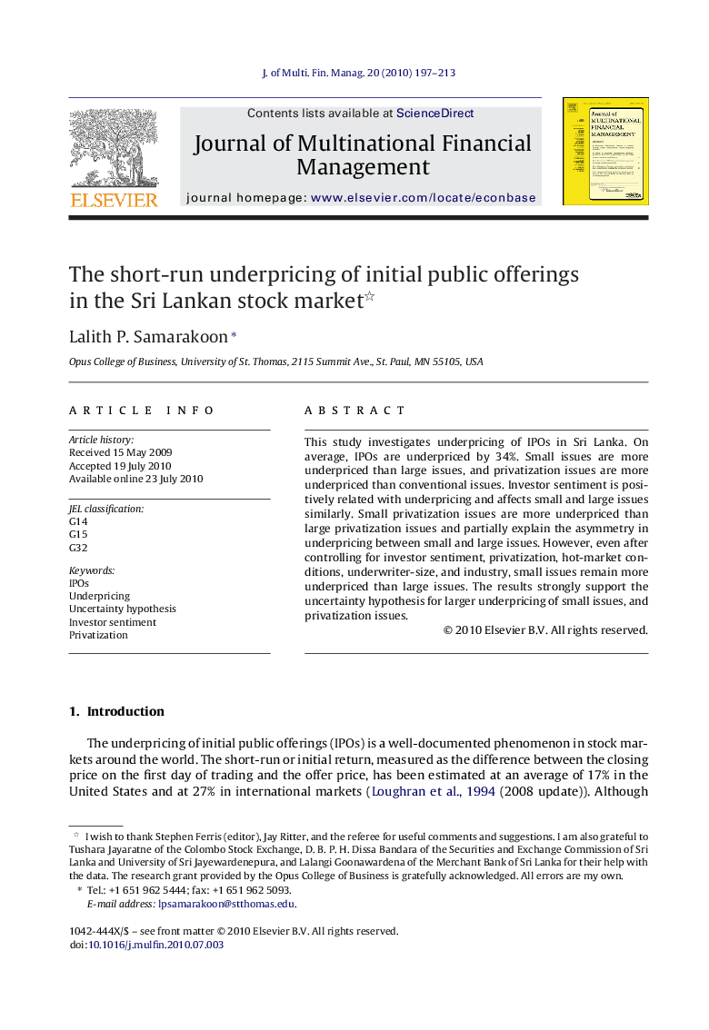 The short-run underpricing of initial public offerings in the Sri Lankan stock market 