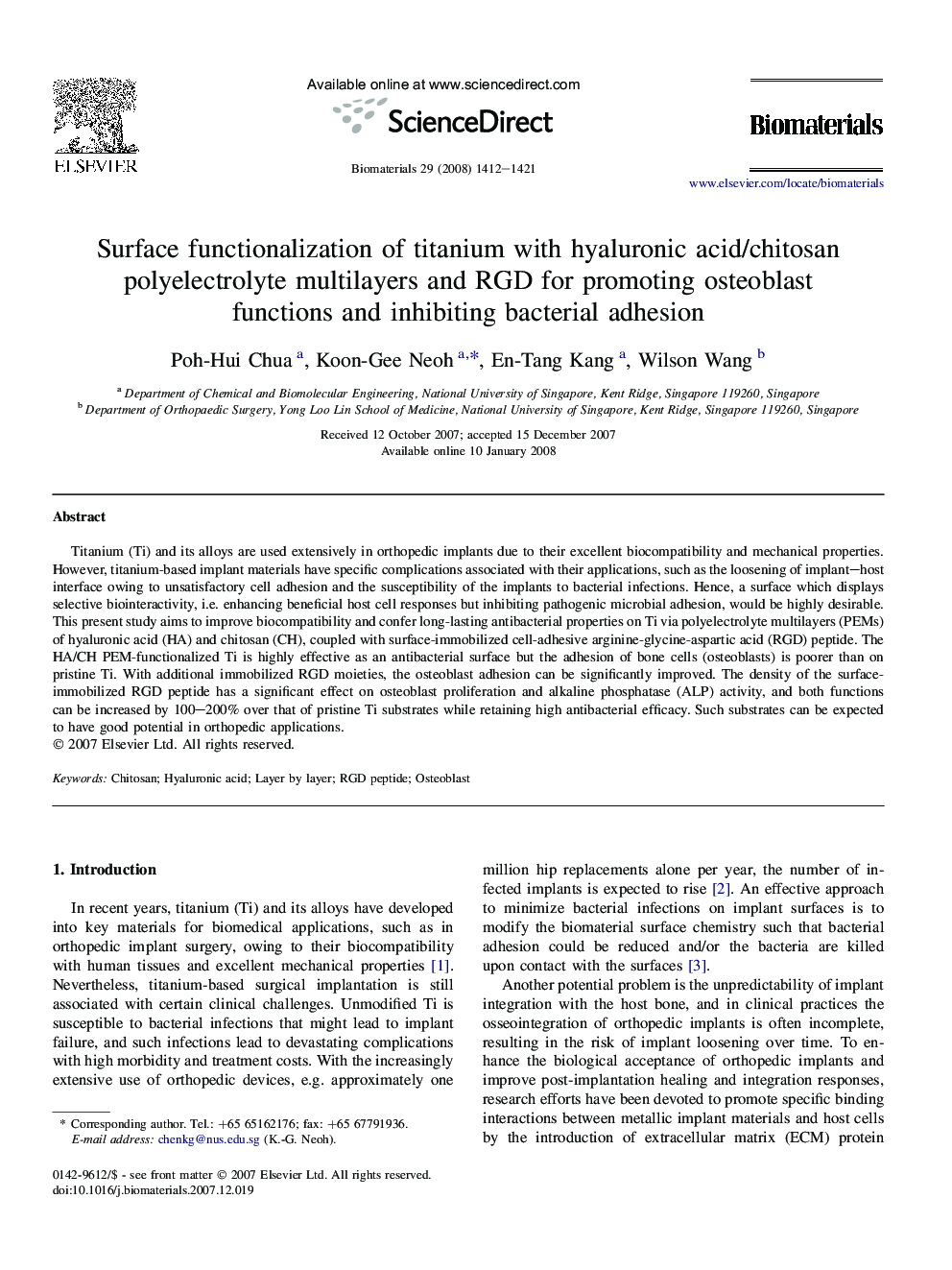 Surface functionalization of titanium with hyaluronic acid/chitosan polyelectrolyte multilayers and RGD for promoting osteoblast functions and inhibiting bacterial adhesion