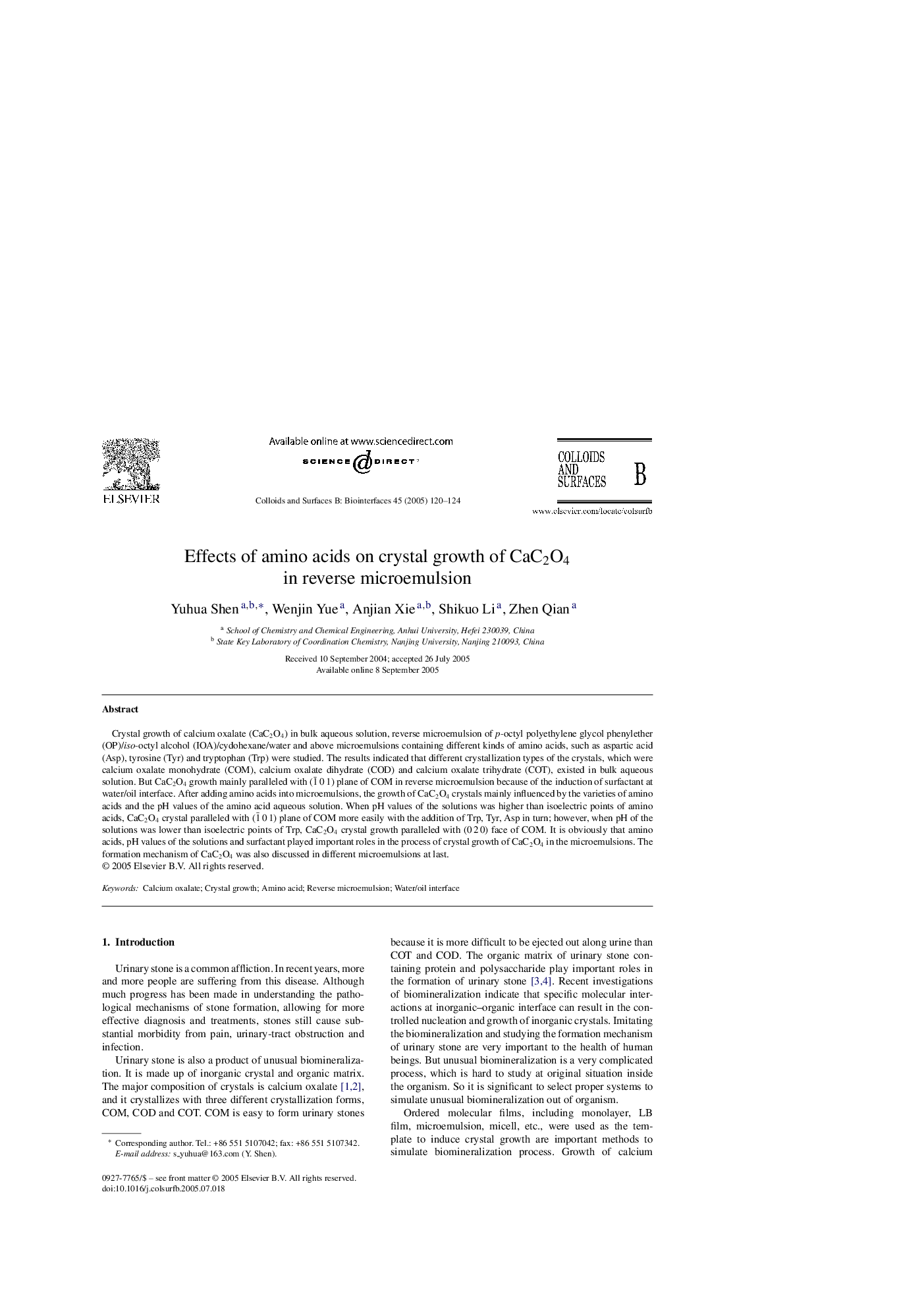 Effects of amino acids on crystal growth of CaC2O4 in reverse microemulsion