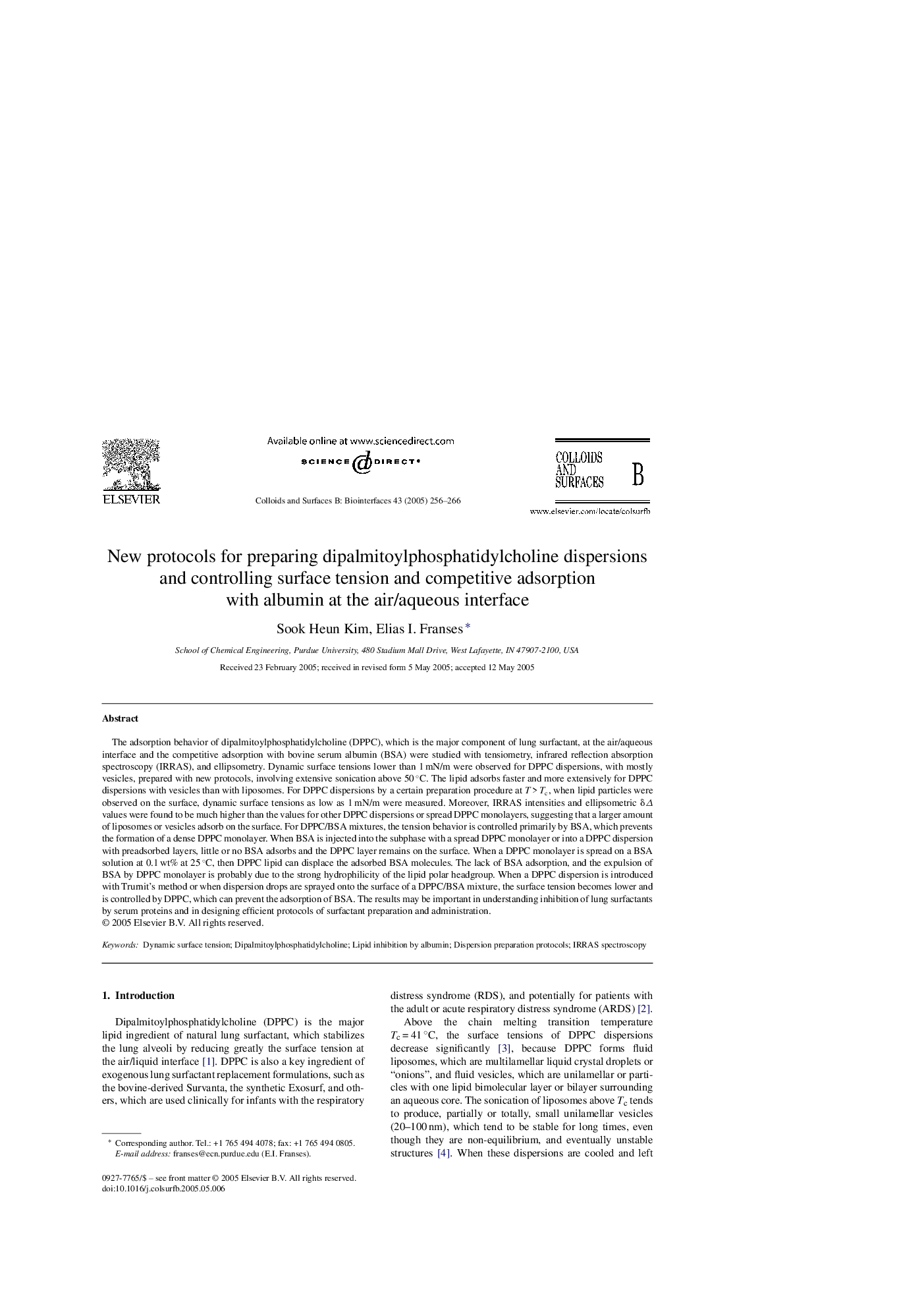 New protocols for preparing dipalmitoylphosphatidylcholine dispersions and controlling surface tension and competitive adsorption with albumin at the air/aqueous interface