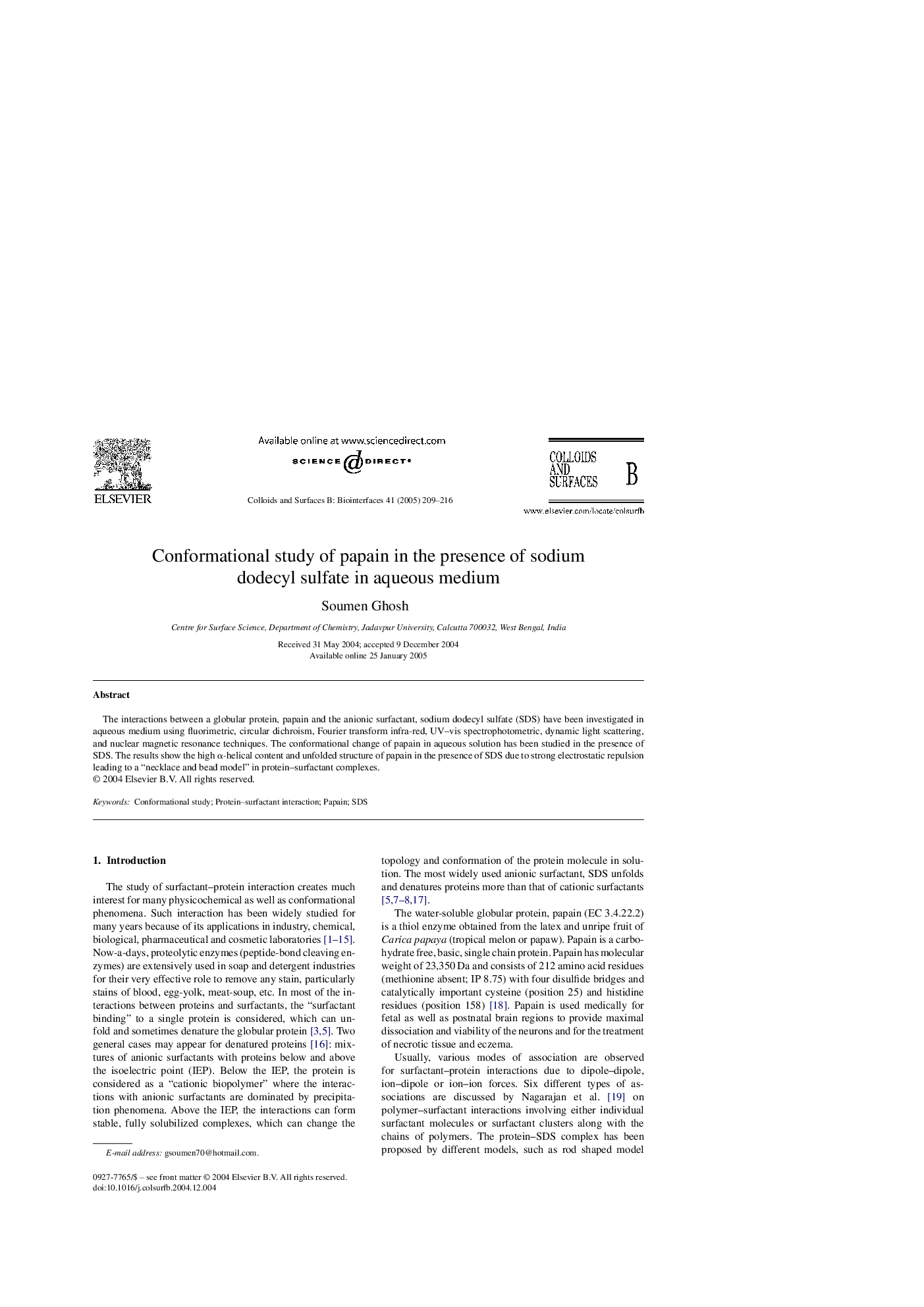 Conformational study of papain in the presence of sodium dodecyl sulfate in aqueous medium