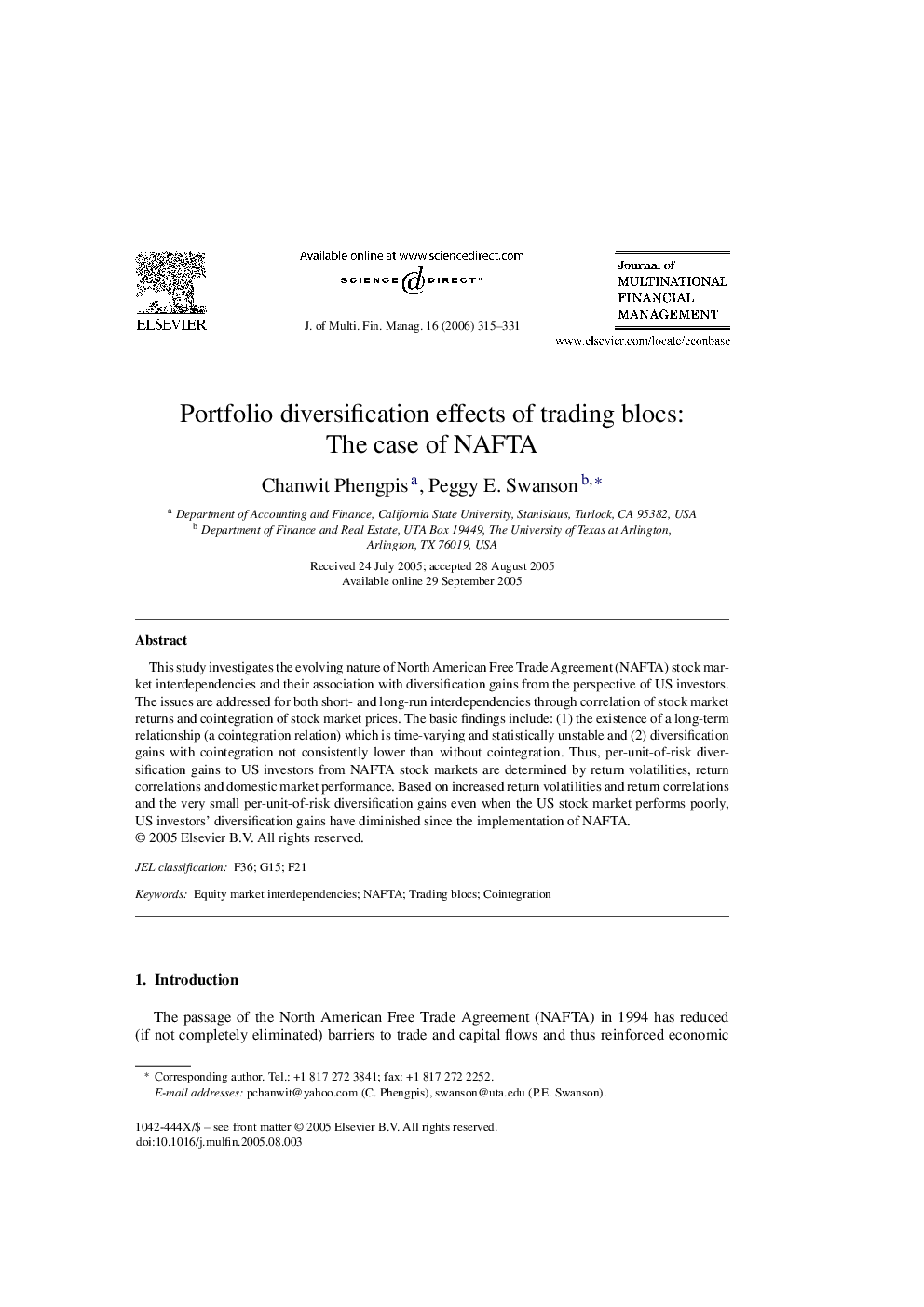 Portfolio diversification effects of trading blocs: The case of NAFTA