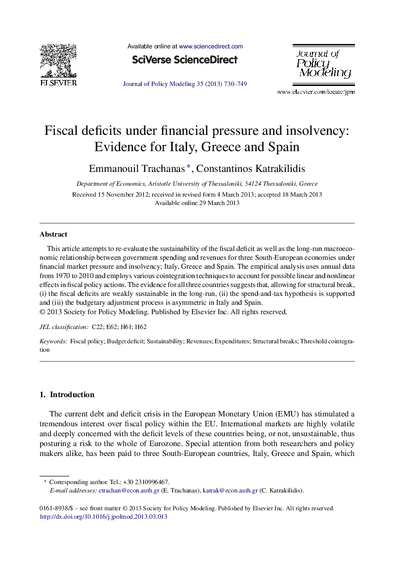 Fiscal deficits under financial pressure and insolvency: Evidence for Italy, Greece and Spain