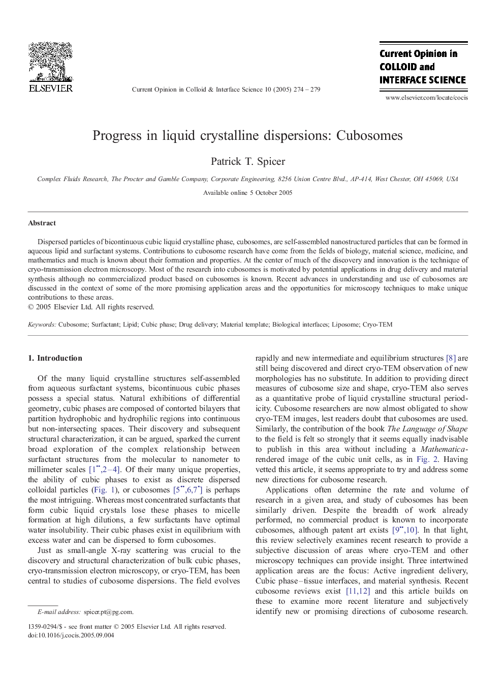 Progress in liquid crystalline dispersions: Cubosomes