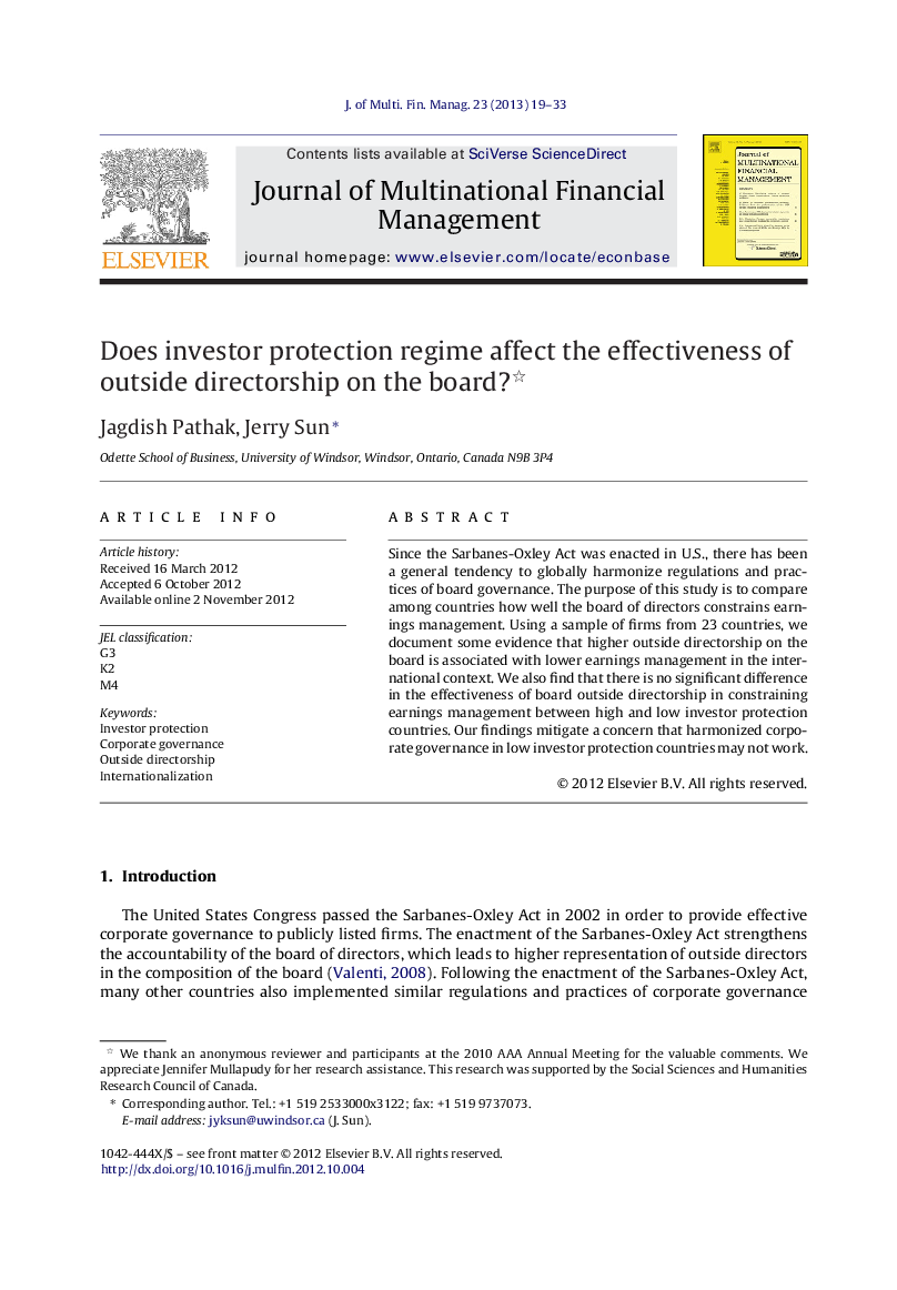 Does investor protection regime affect the effectiveness of outside directorship on the board? 