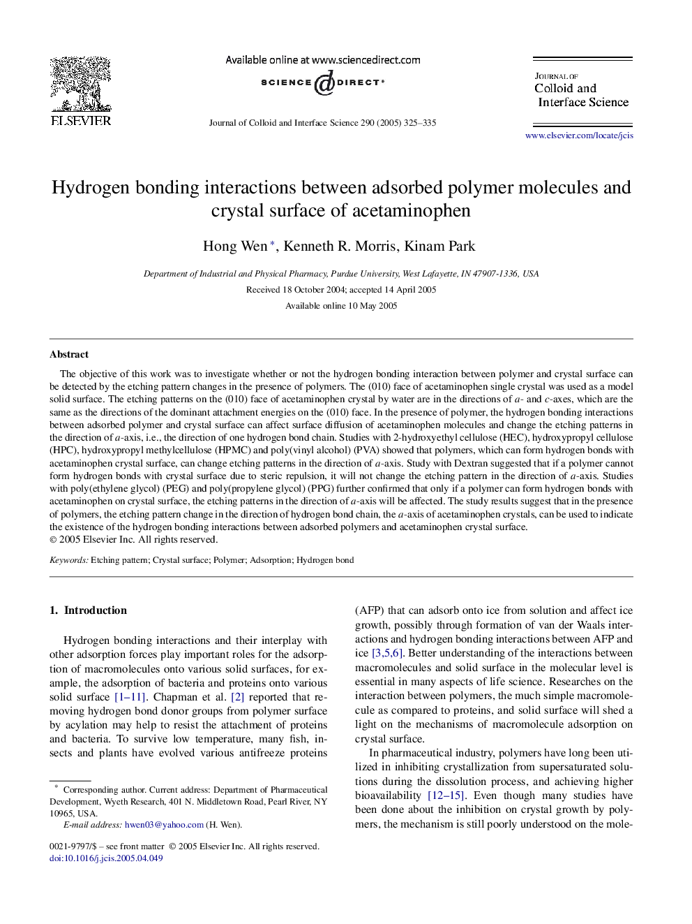 Hydrogen bonding interactions between adsorbed polymer molecules and crystal surface of acetaminophen