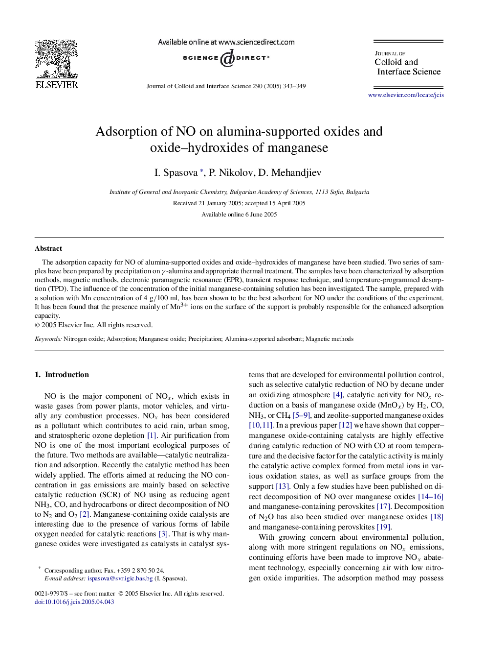 Adsorption of NO on alumina-supported oxides and oxide-hydroxides of manganese