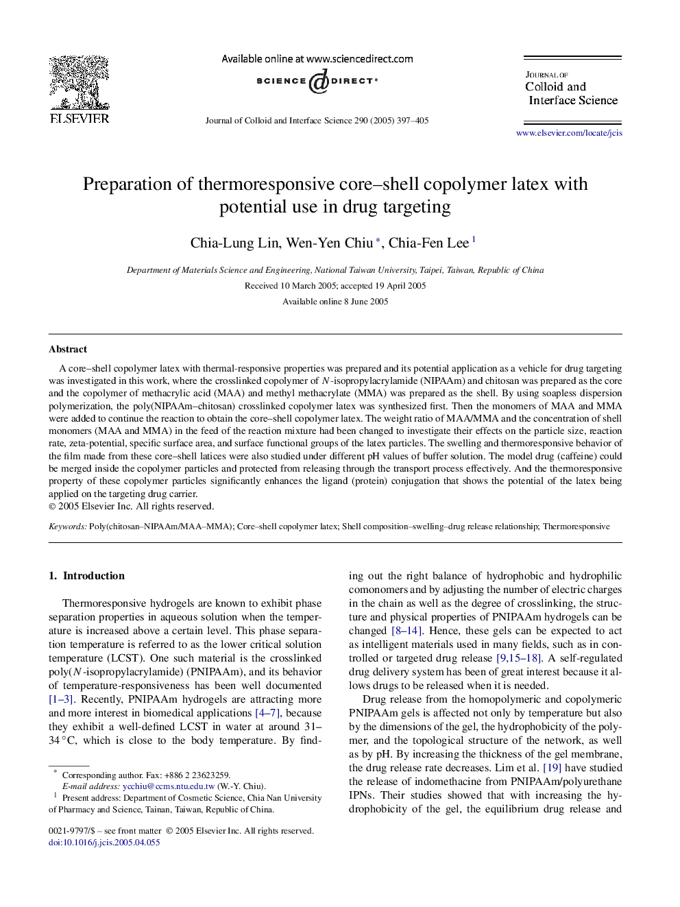 Preparation of thermoresponsive core-shell copolymer latex with potential use in drug targeting