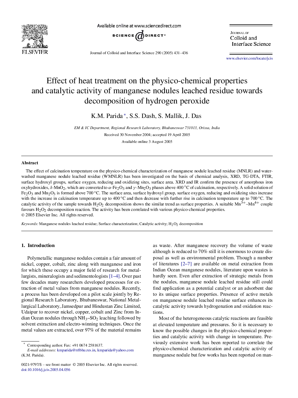 Effect of heat treatment on the physico-chemical properties and catalytic activity of manganese nodules leached residue towards decomposition of hydrogen peroxide