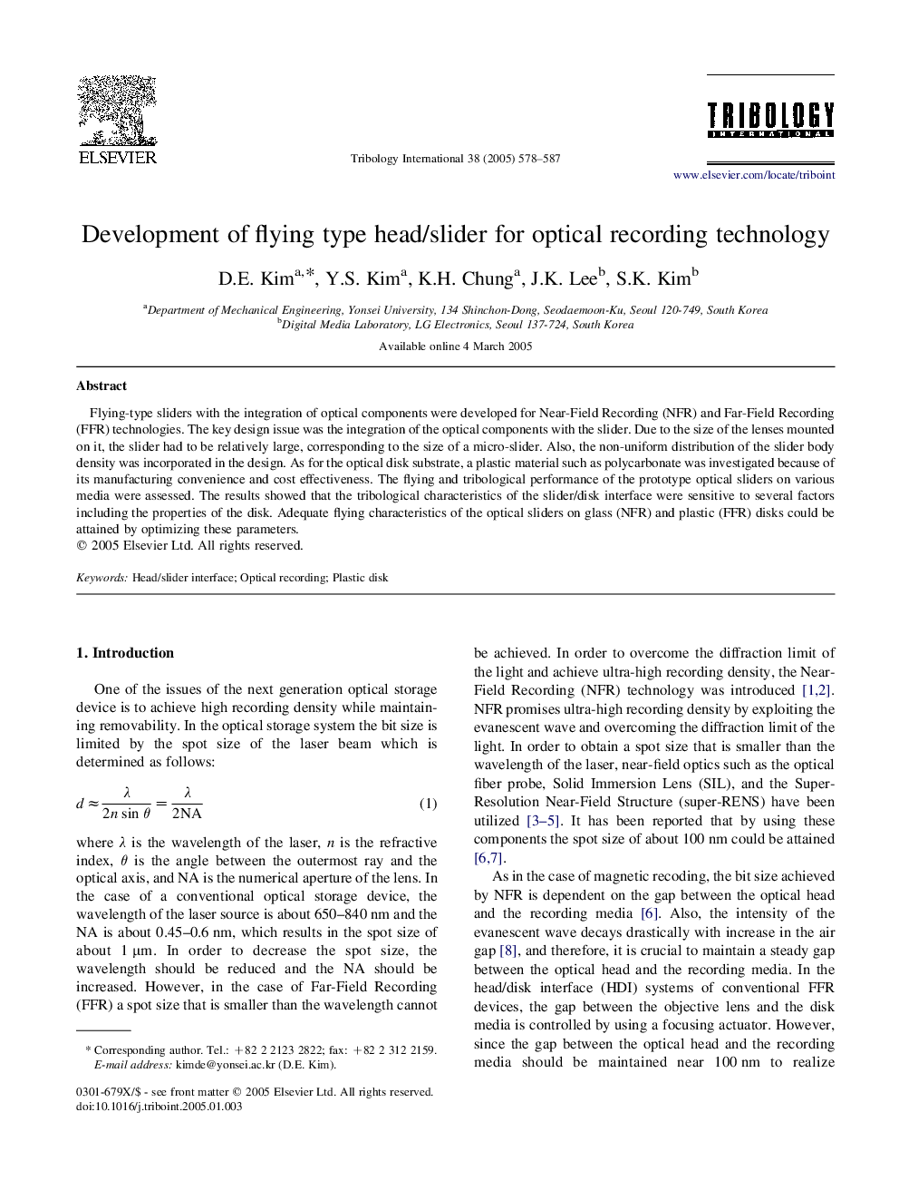 Development of flying type head/slider for optical recording technology