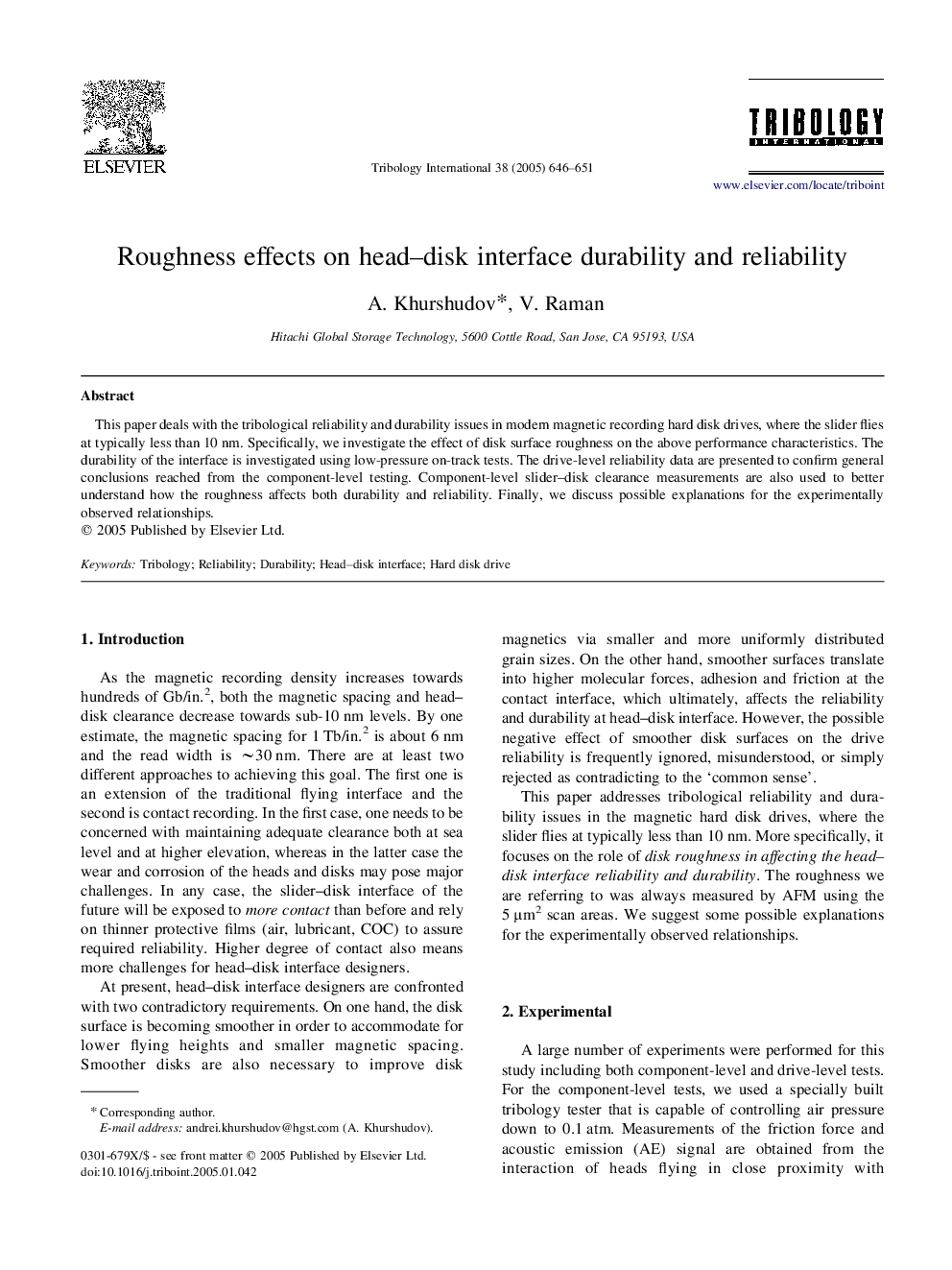 Roughness effects on head-disk interface durability and reliability