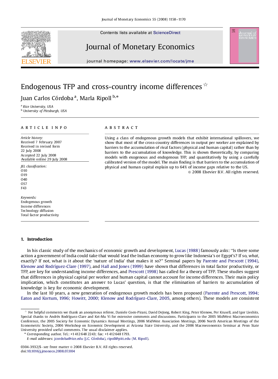 Endogenous TFP and cross-country income differences 