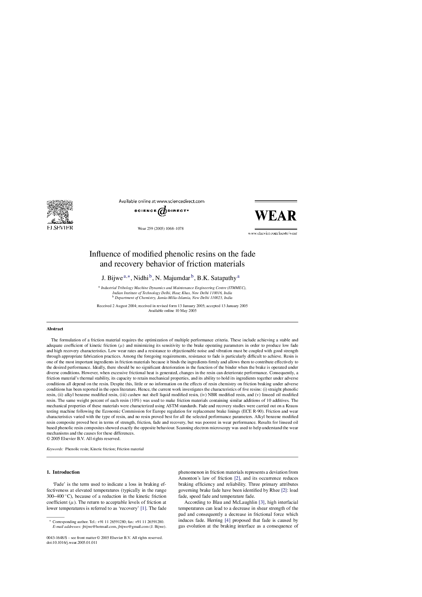 Influence of modified phenolic resins on the fade and recovery behavior of friction materials