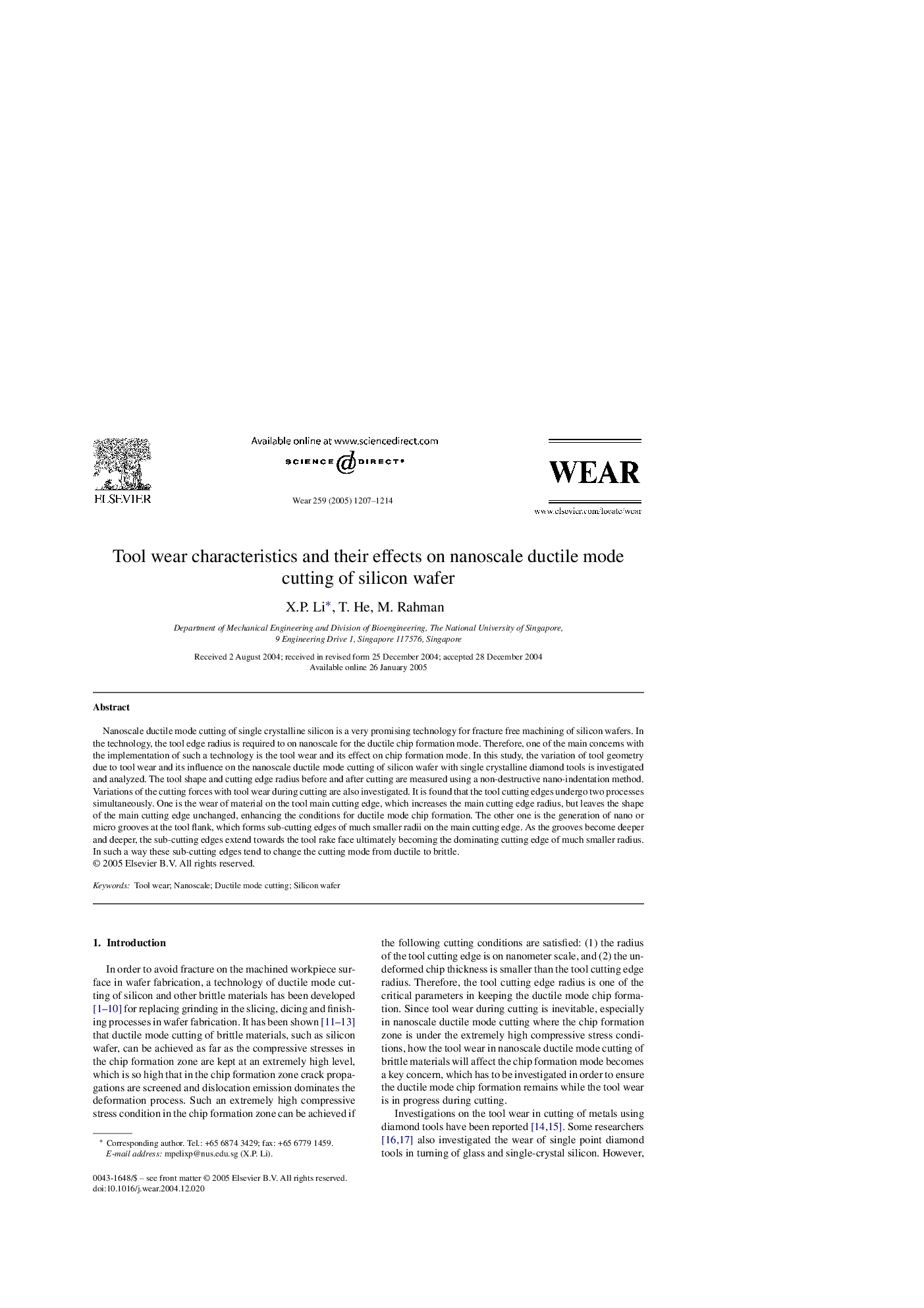 Tool wear characteristics and their effects on nanoscale ductile mode cutting of silicon wafer