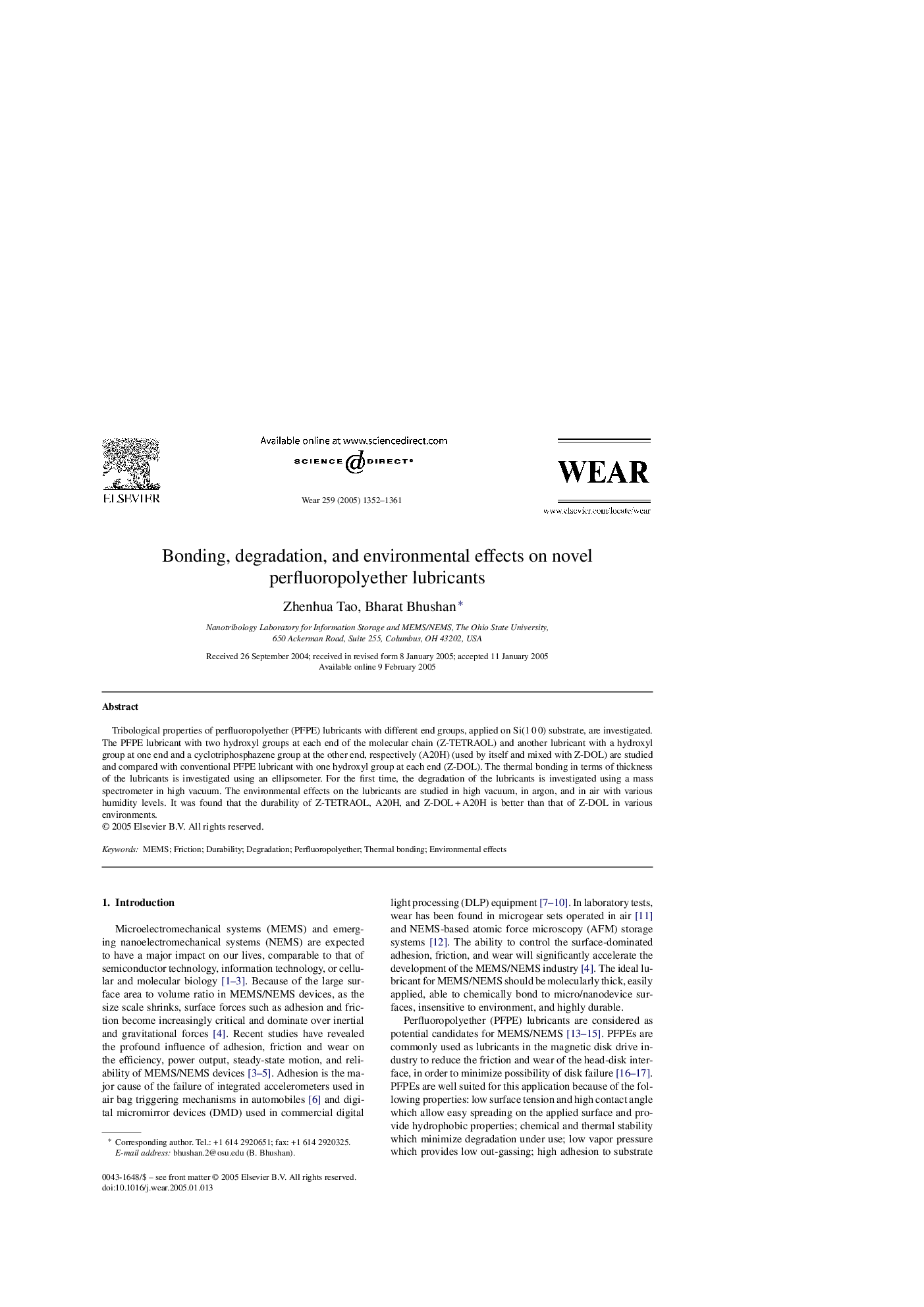 Bonding, degradation, and environmental effects on novel perfluoropolyether lubricants