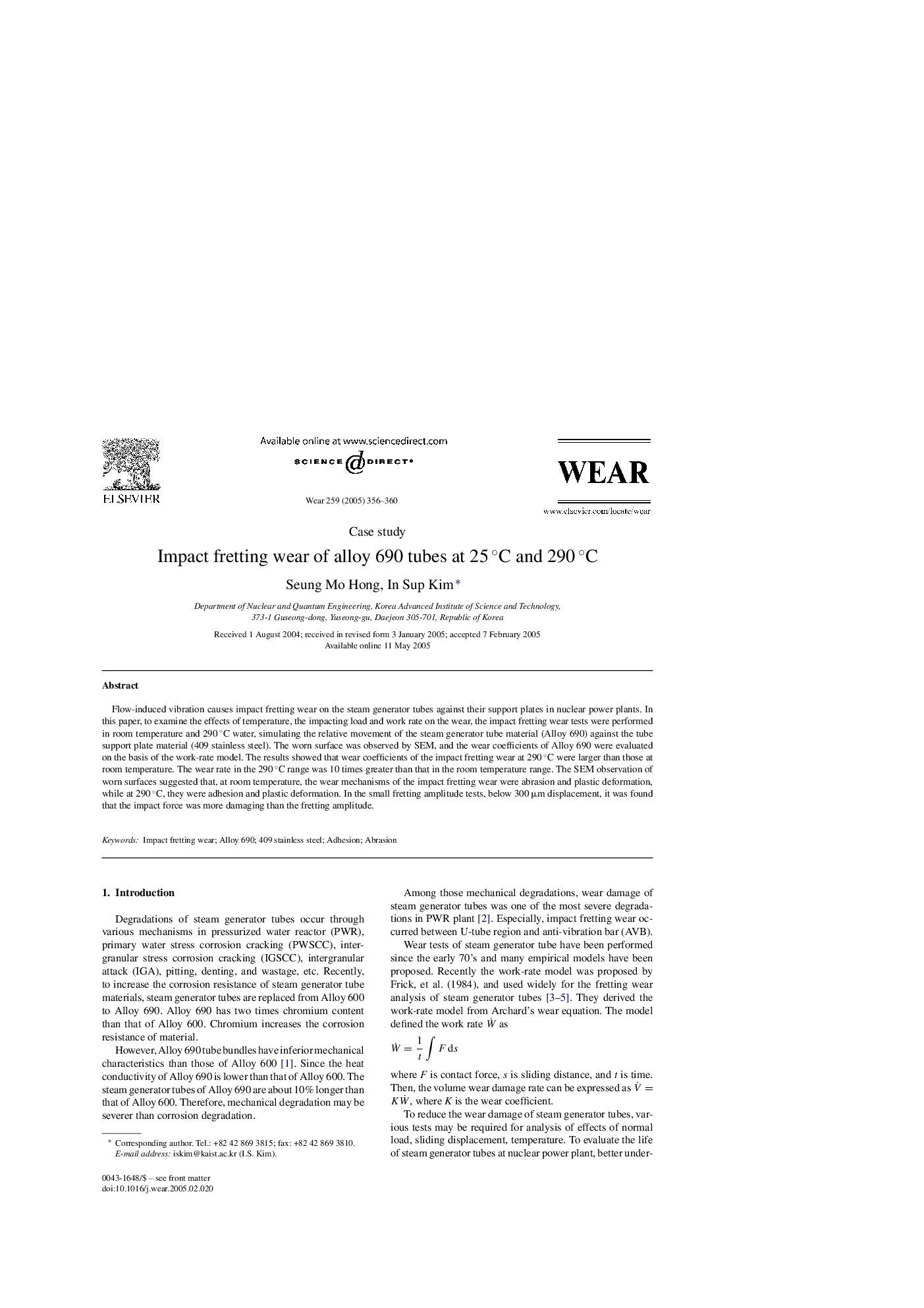 Impact fretting wear of alloy 690 tubes at 25Â Â°C and 290Â Â°C