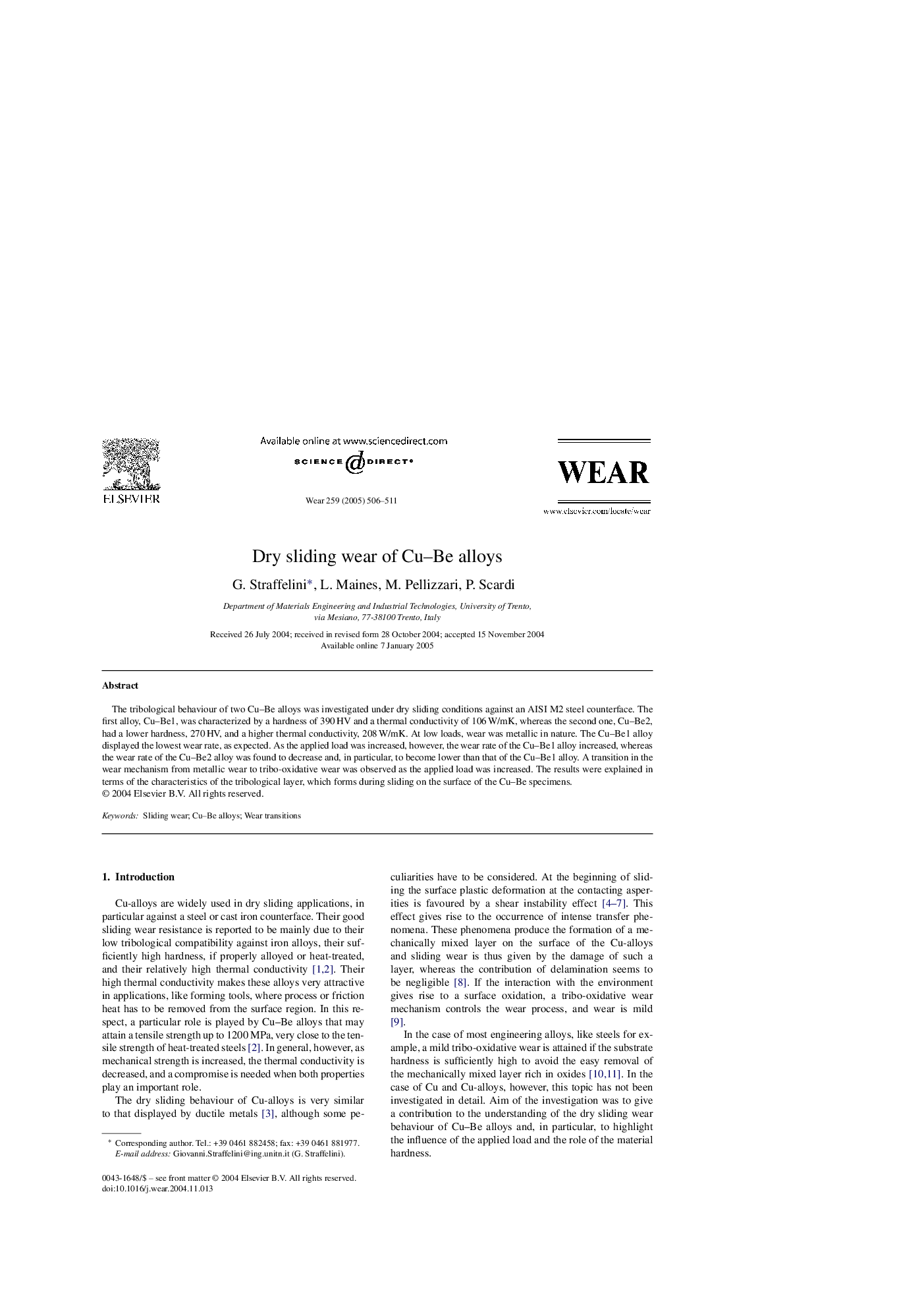 Dry sliding wear of Cu-Be alloys