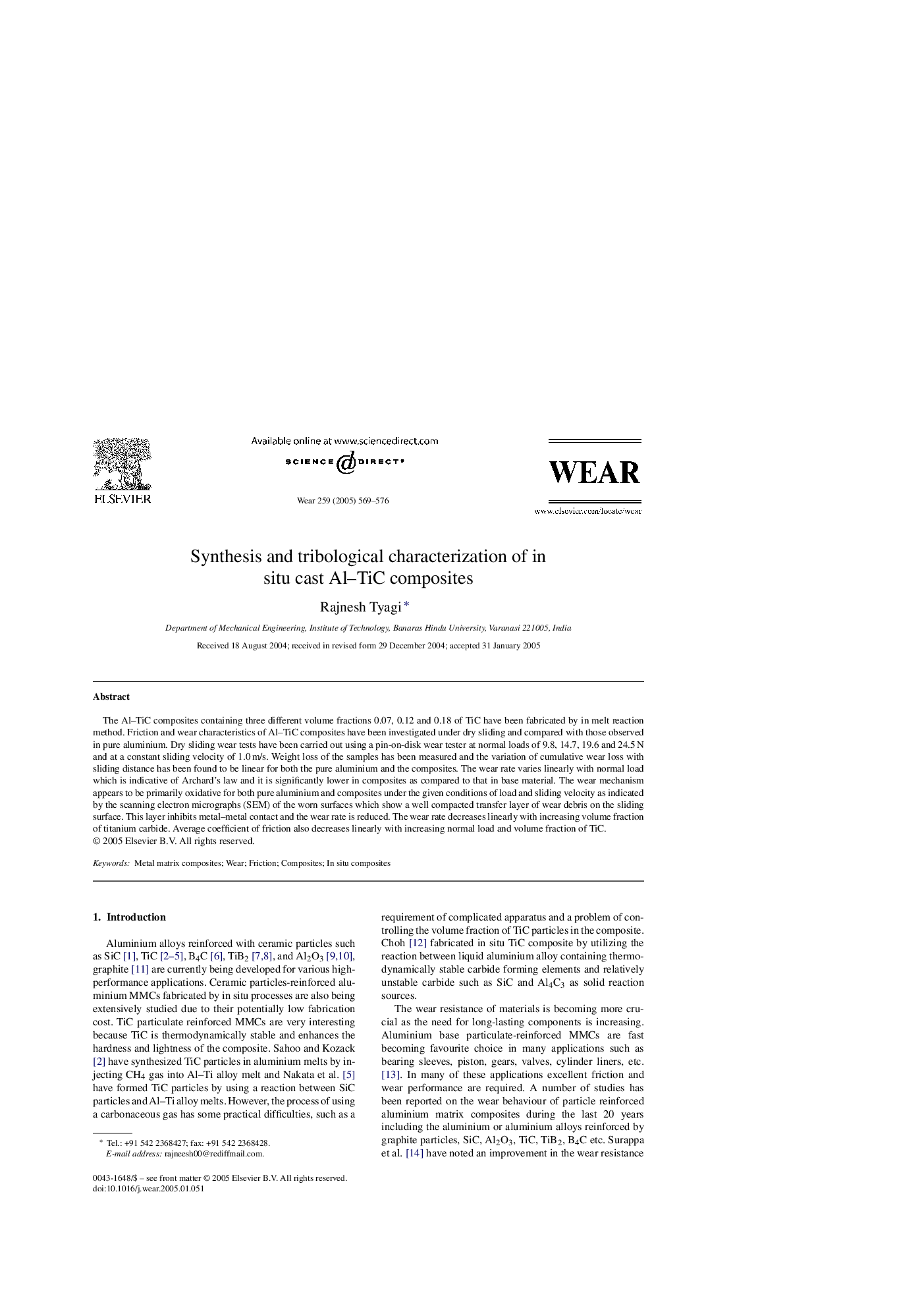 Synthesis and tribological characterization of in situ cast Al-TiC composites