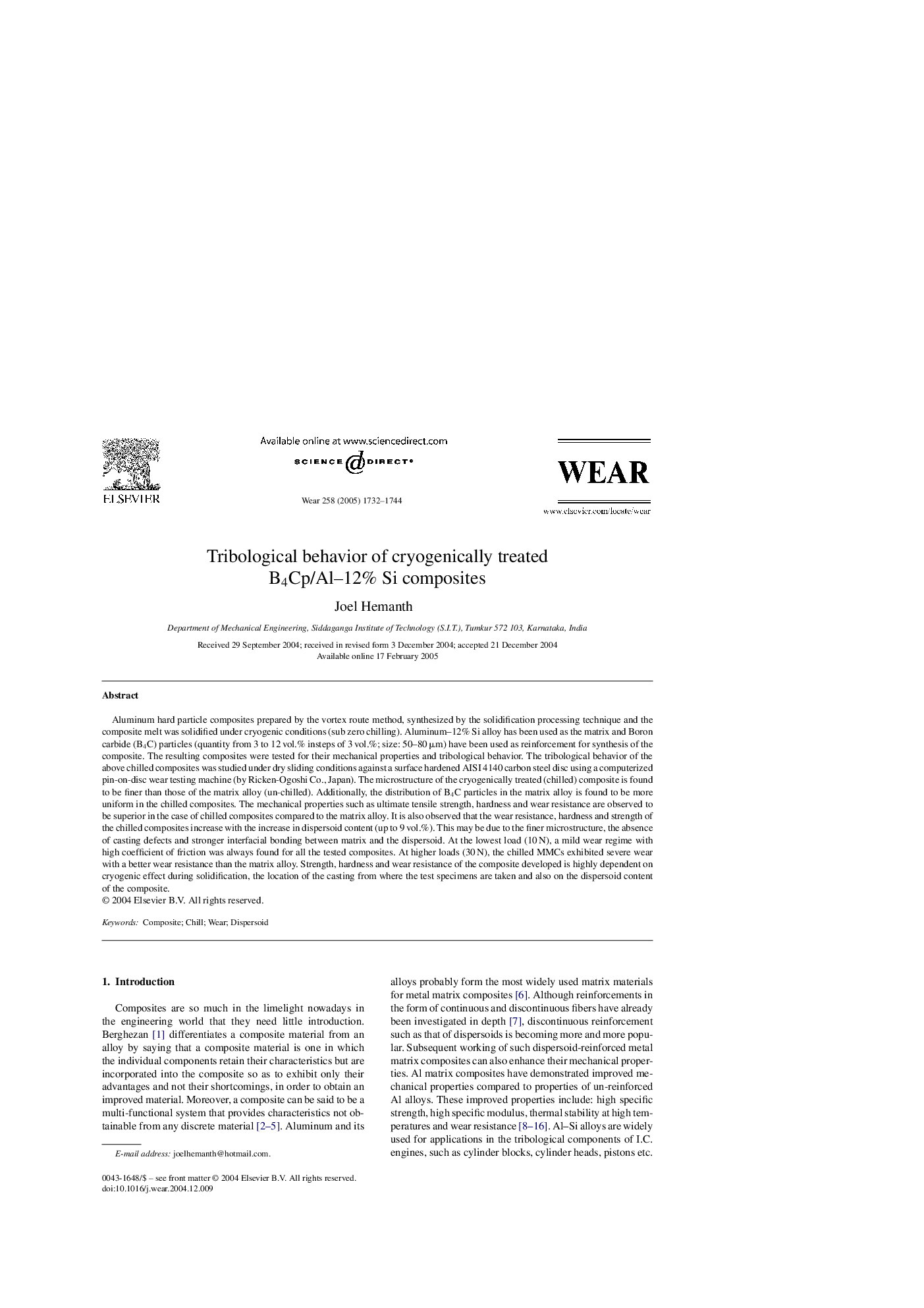 Tribological behavior of cryogenically treated B4Cp/Al-12% Si composites