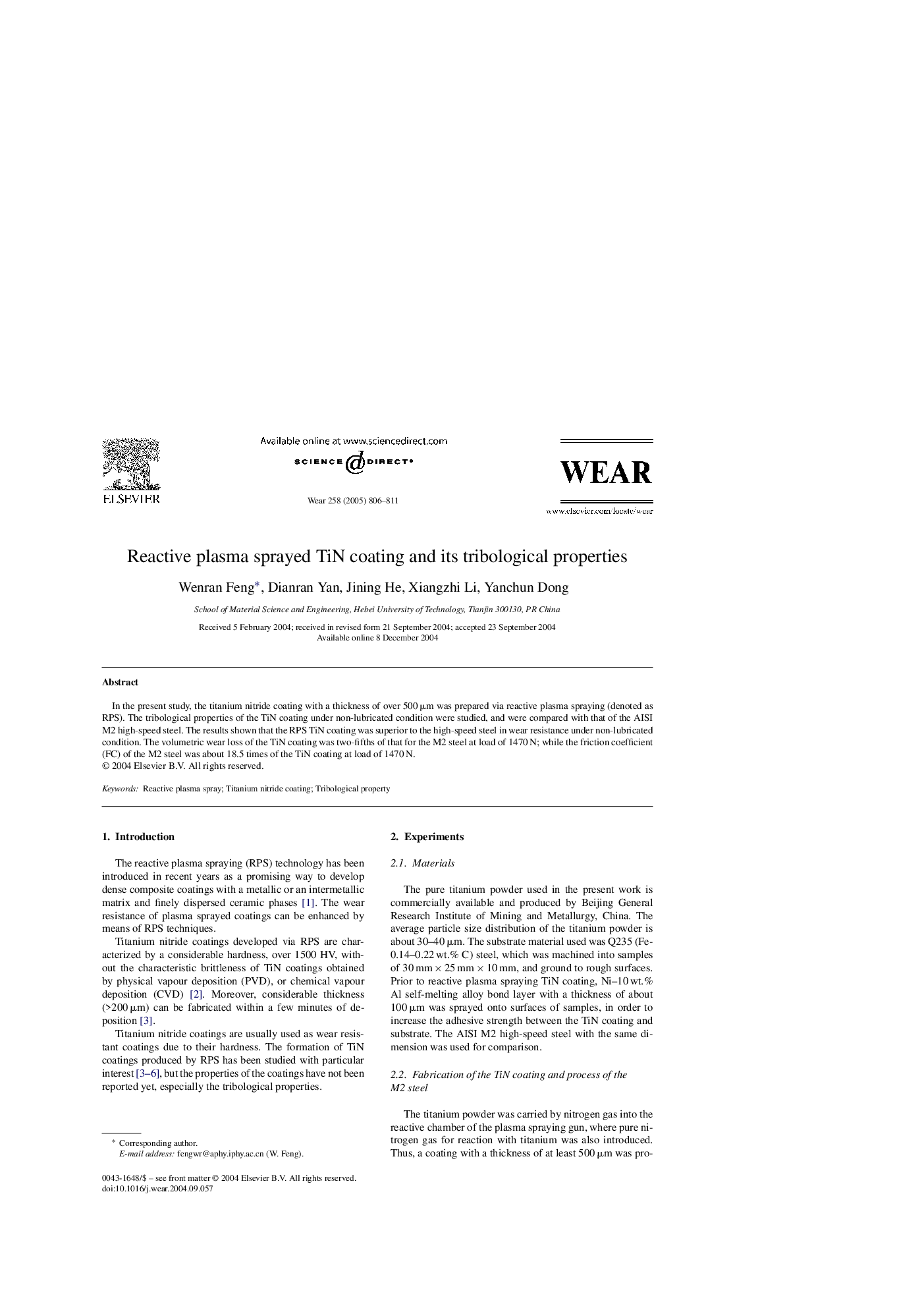 Reactive plasma sprayed TiN coating and its tribological properties