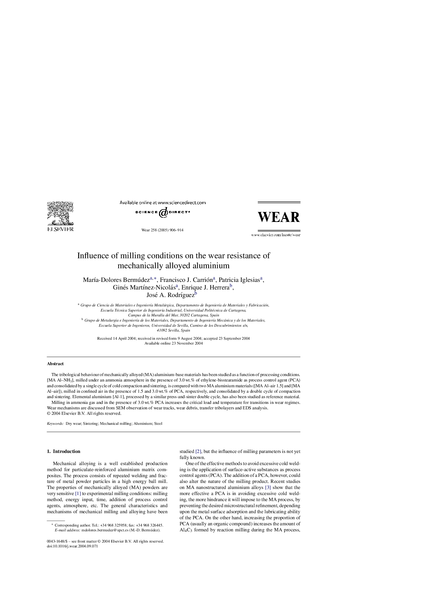 Influence of milling conditions on the wear resistance of mechanically alloyed aluminium