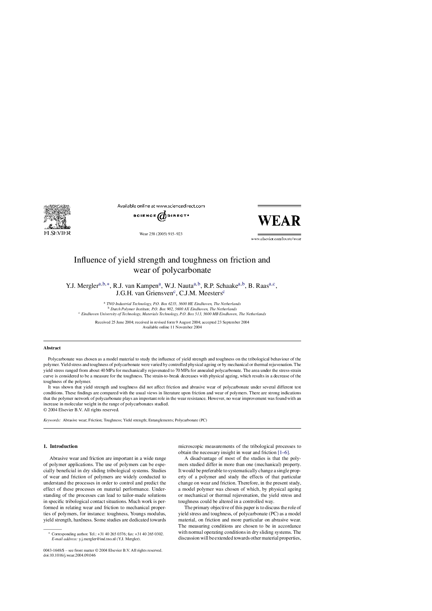 Influence of yield strength and toughness on friction and wear of polycarbonate