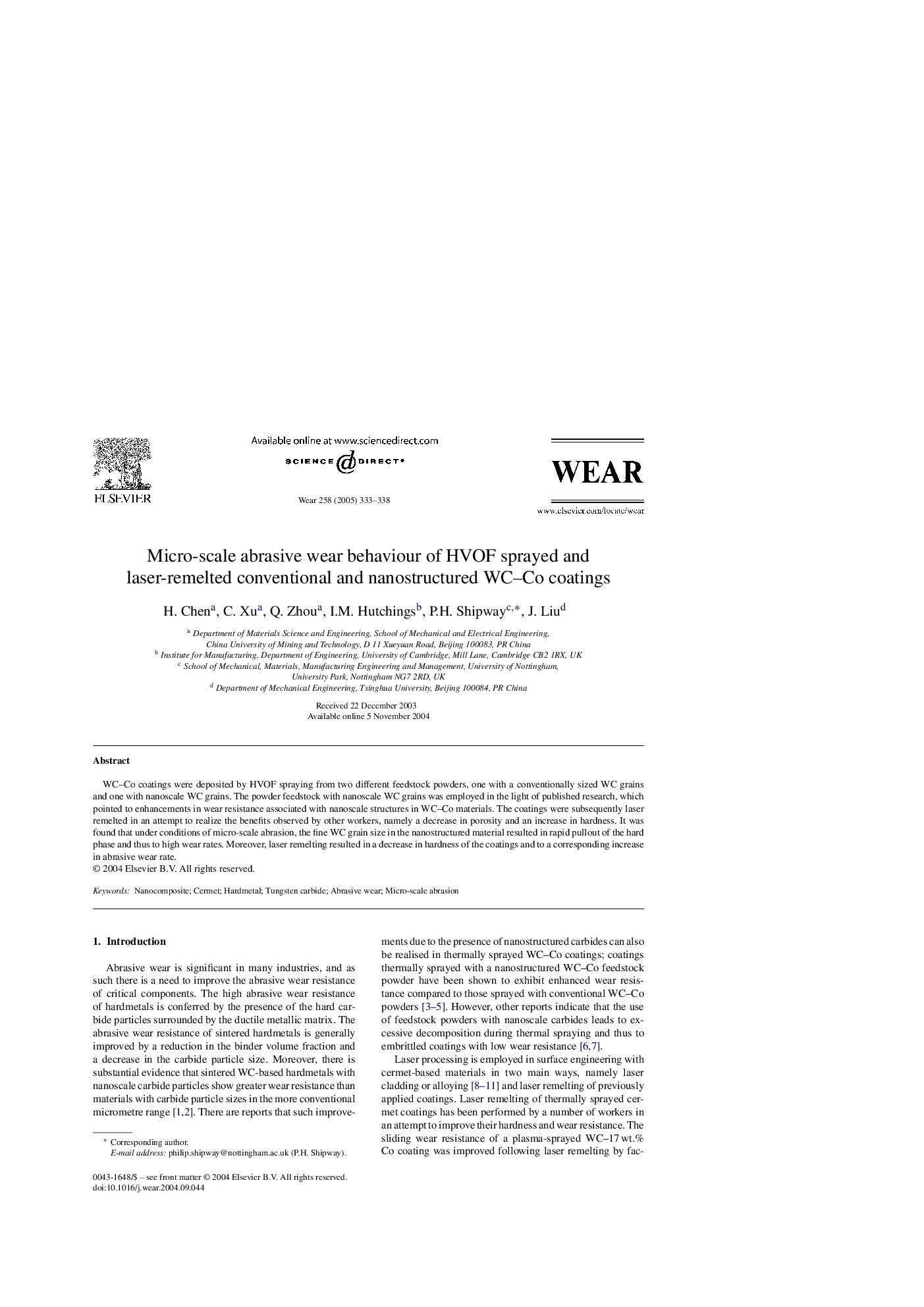 Micro-scale abrasive wear behaviour of HVOF sprayed and laser-remelted conventional and nanostructured WC-Co coatings