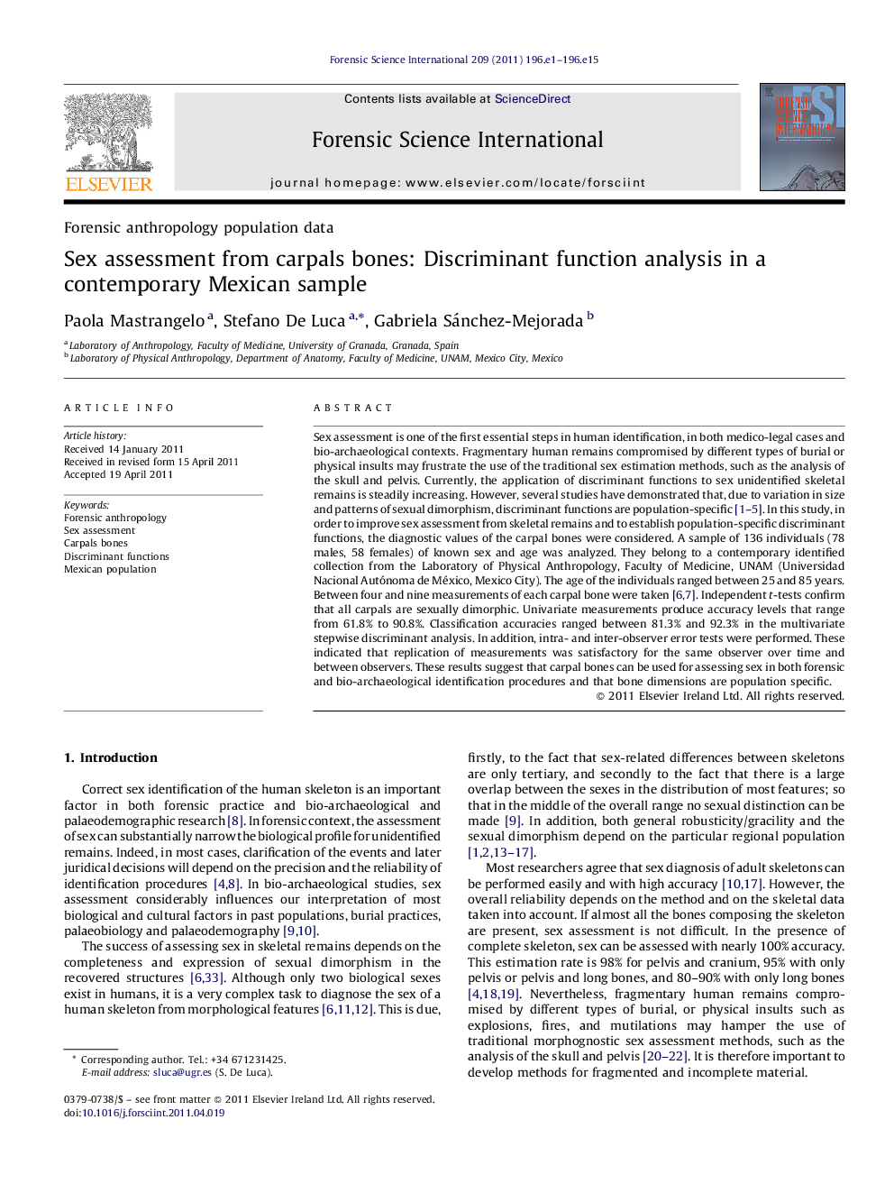 Sex assessment from carpals bones: Discriminant function analysis in a contemporary Mexican sample