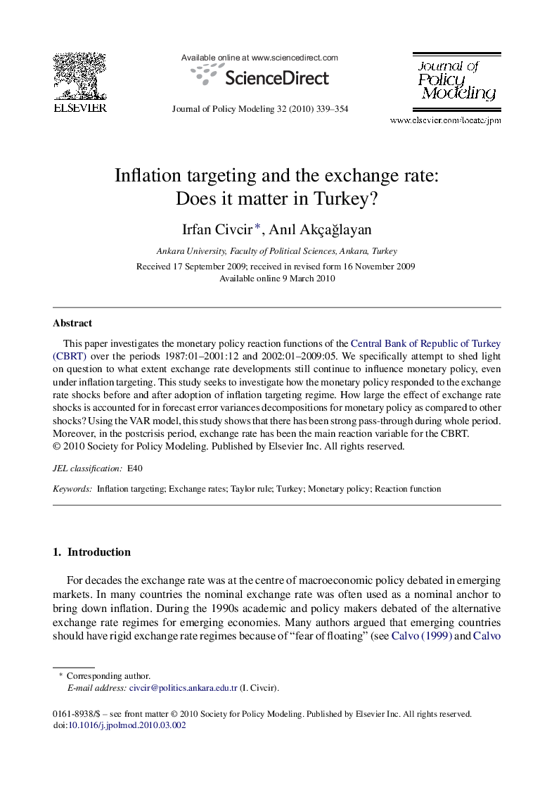 Inflation targeting and the exchange rate: Does it matter in Turkey?