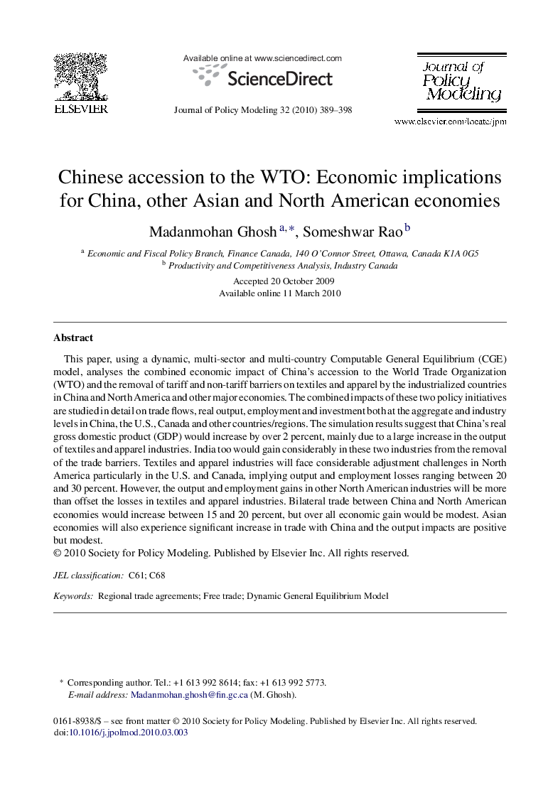 Chinese accession to the WTO: Economic implications for China, other Asian and North American economies