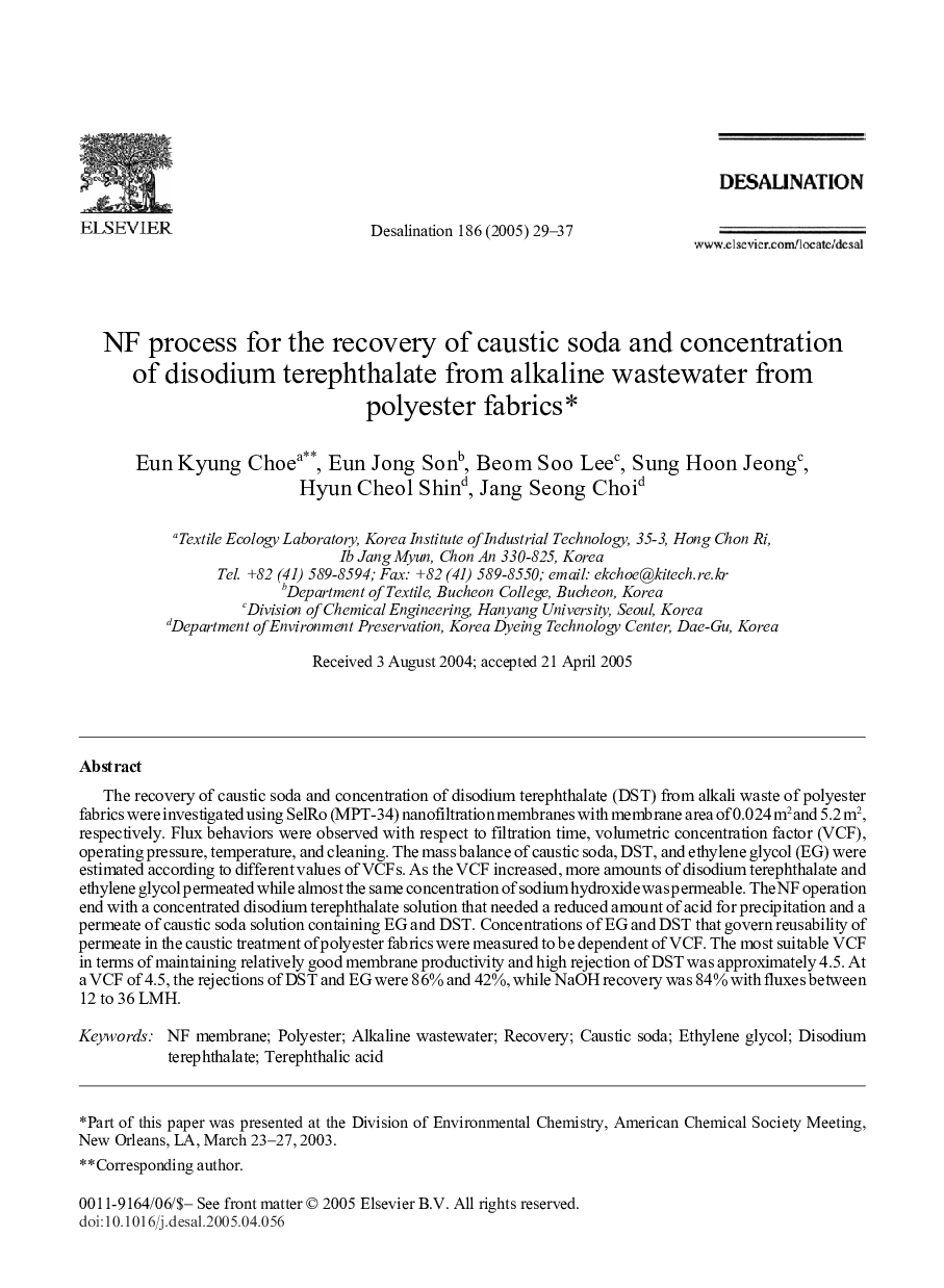 NF process for the recovery of caustic soda and concentration of disodium terephthalate from alkaline wastewater from polyester fabrics