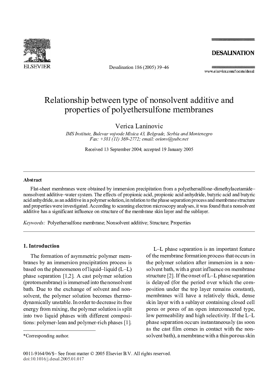 Relationship between type of nonsolvent additive and properties of polyethersulfone membranes