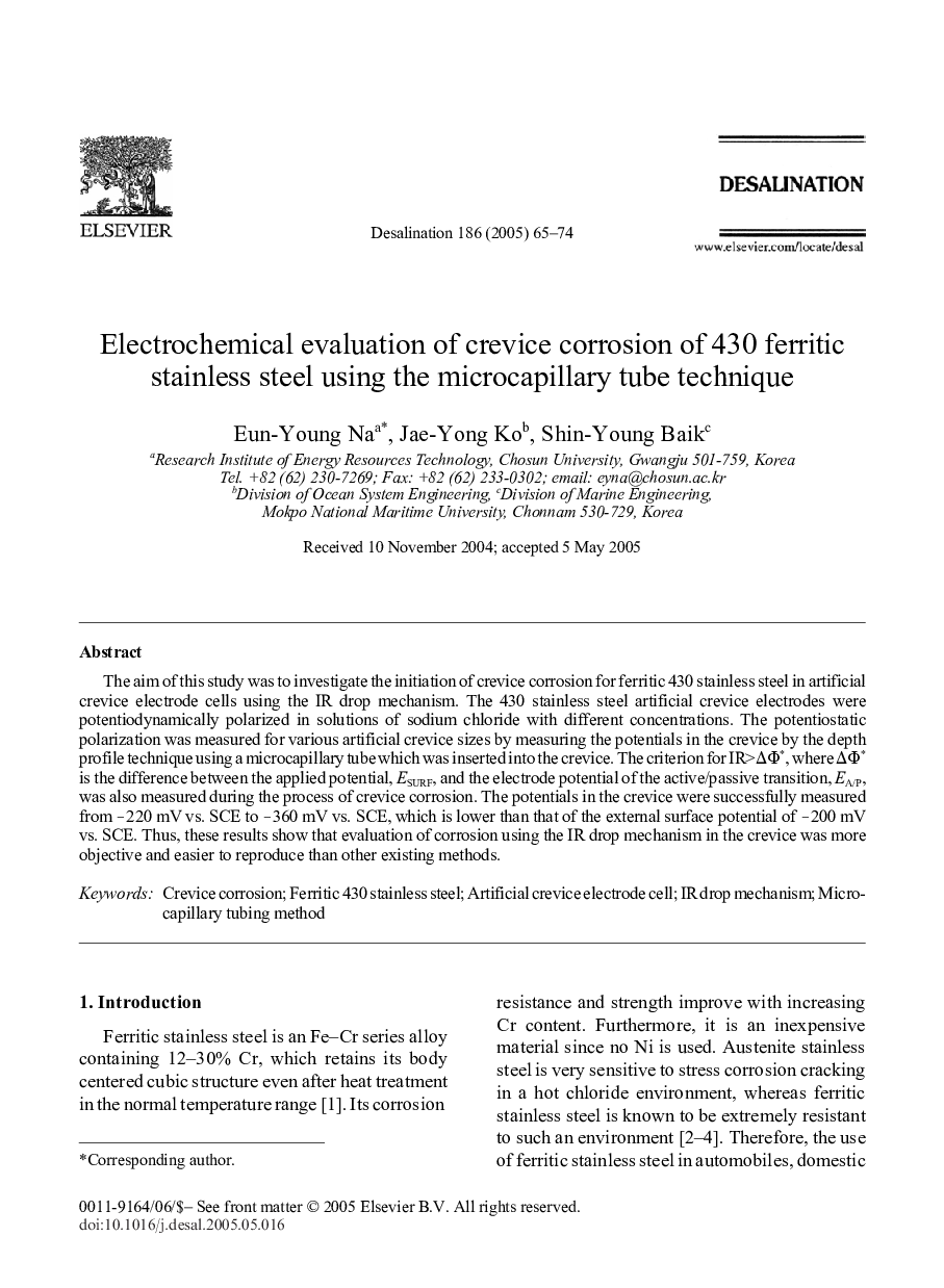 Electrochemical evaluation of crevice corrosion of 430 ferritic stainless steel using the microcapillary tube technique